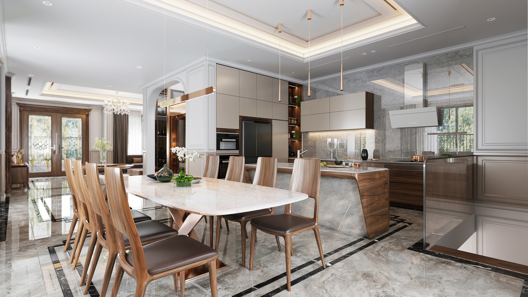 thiết kế nội thất phòng bếp gỗ óc chó hiện đại