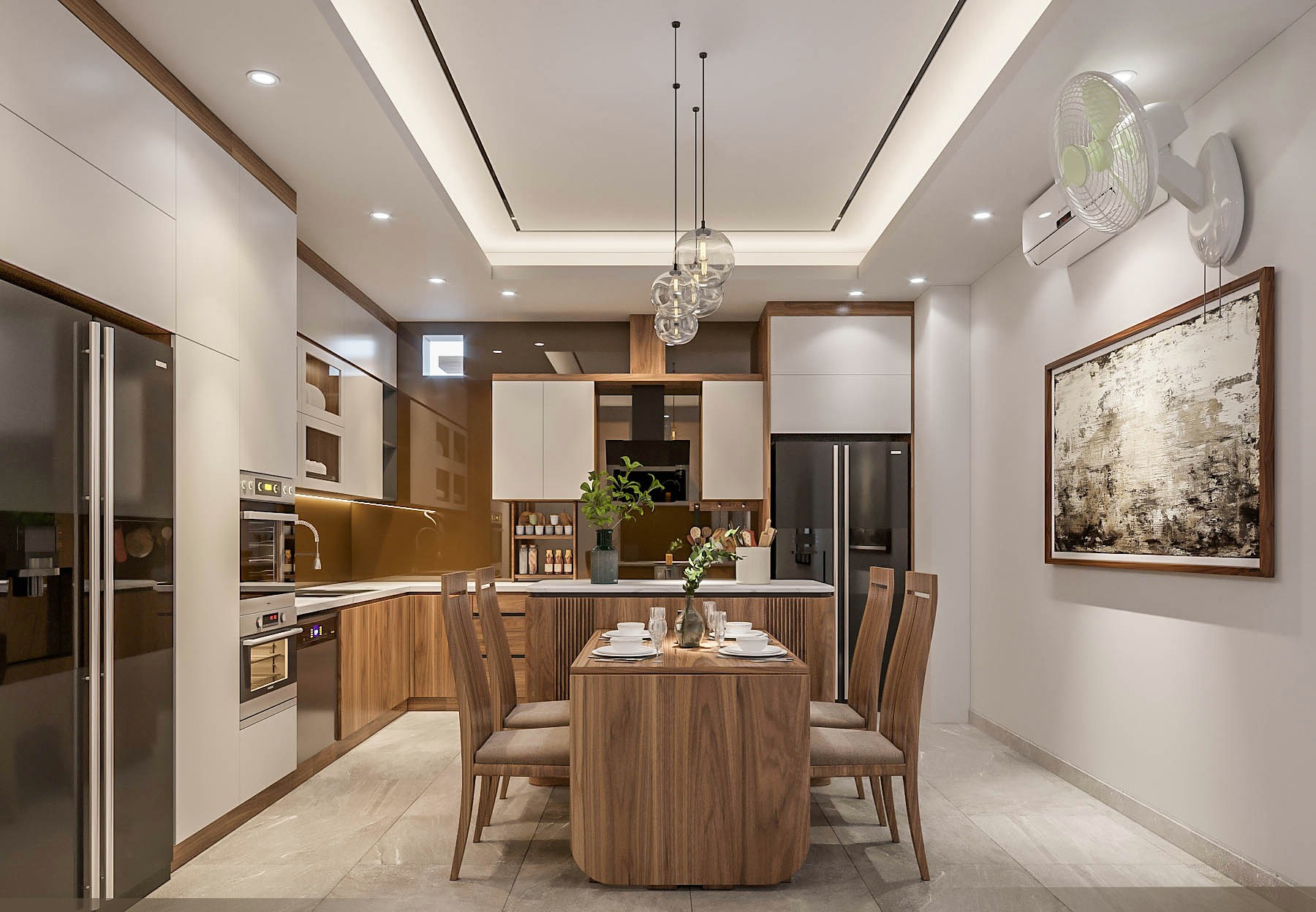 thiết kế nội thất phòng bếp nhỏ gỗ óc chó hiện đại