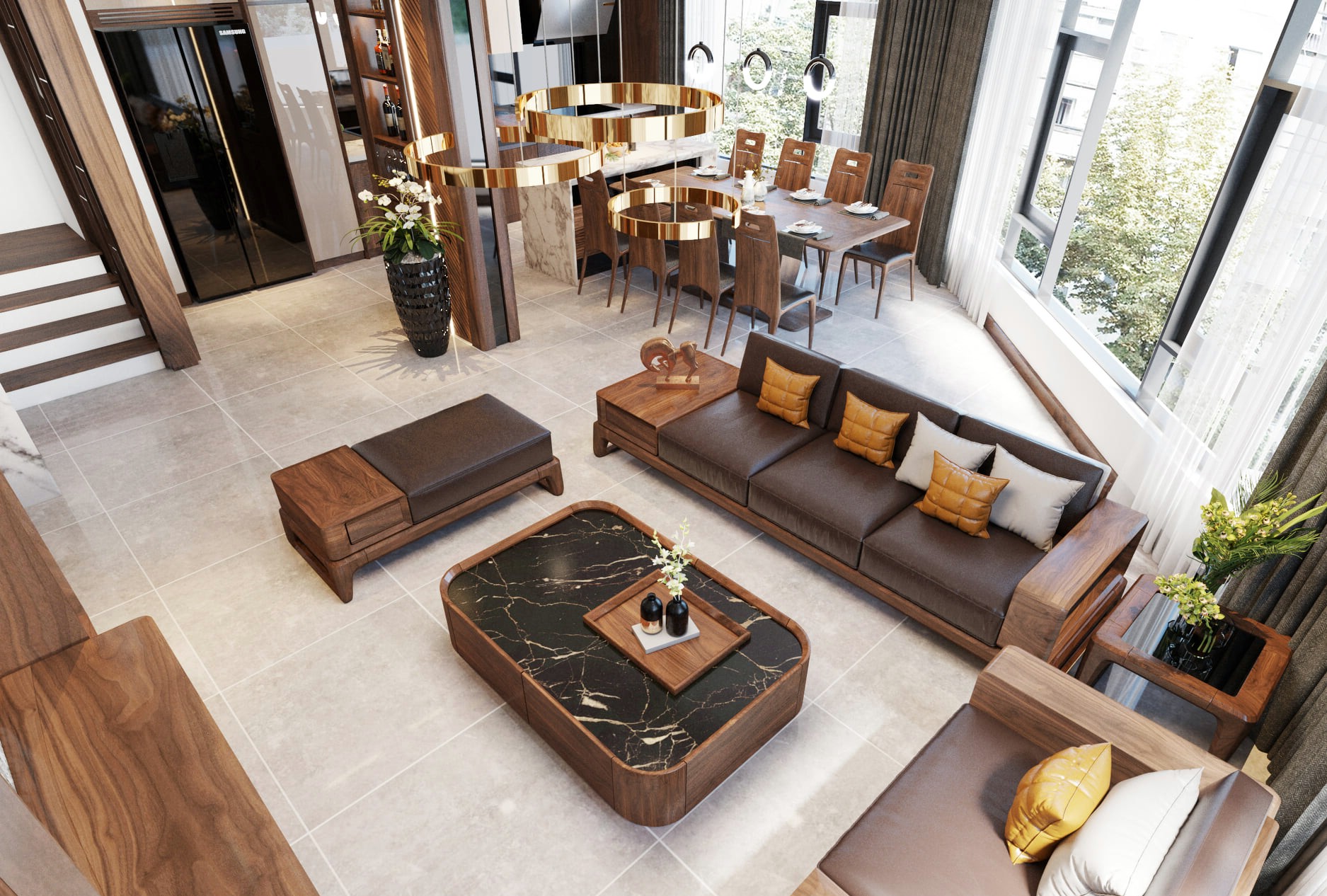 thiết kế nội thất phòng khách và bếp gỗ óc chó không gian mở