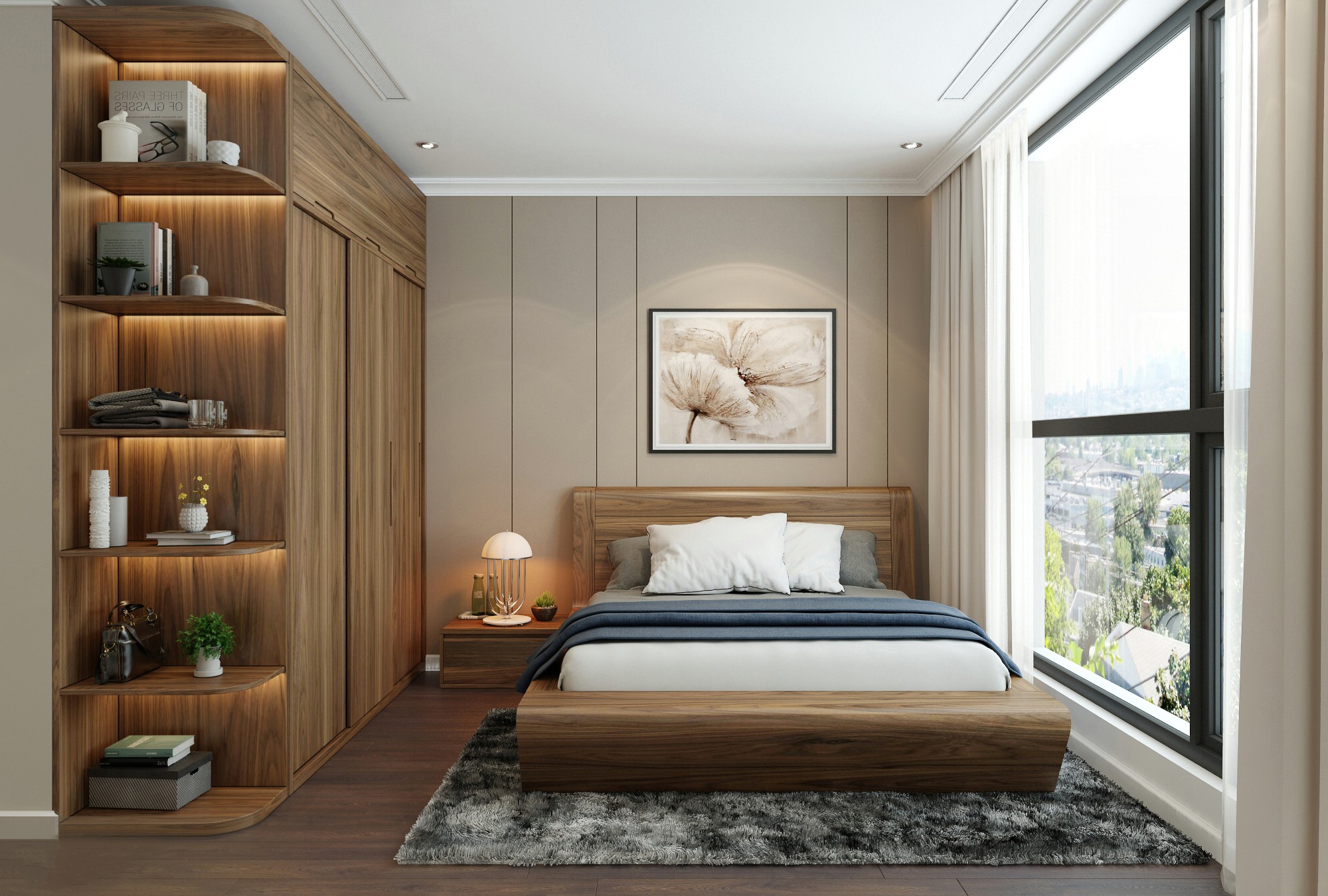 thiết kế nội thất phòng ngủ nhỏ gỗ óc chó hiện đại
