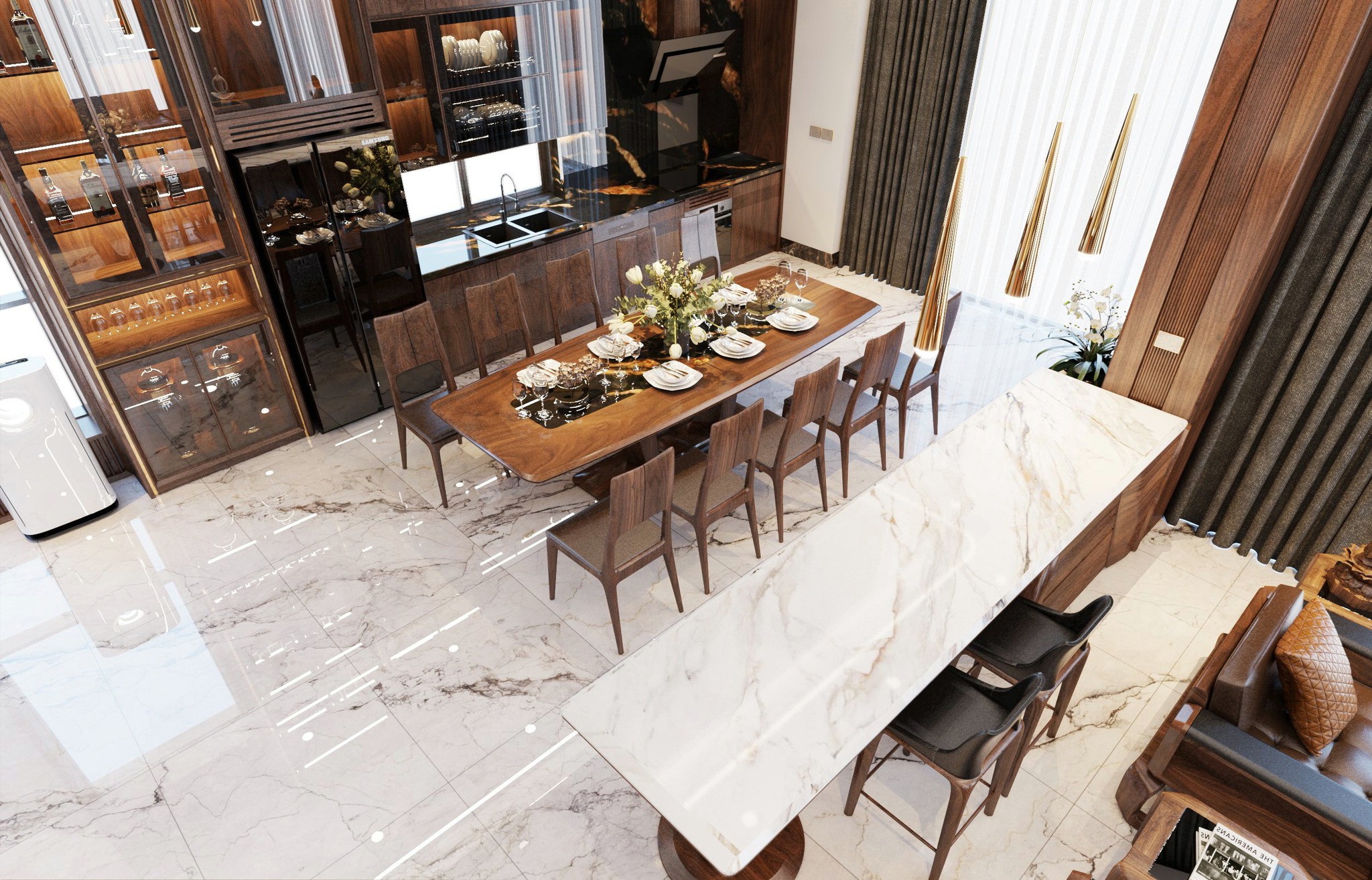 thiết kế phòng bếp gỗ óc chó biệt thự cao cấp