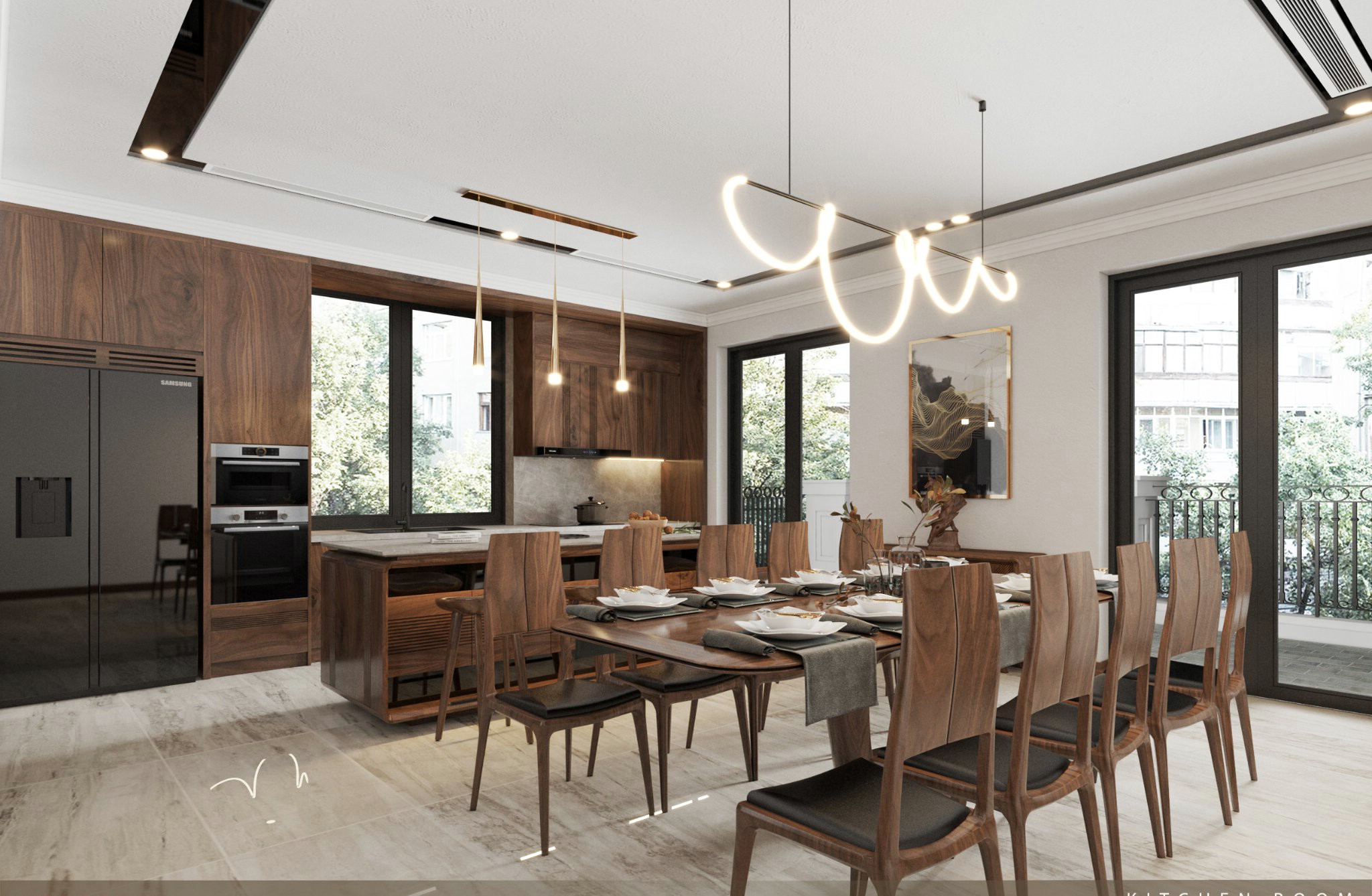 thiết kế phòng bếp gỗ óc chó đẹp hiện đại