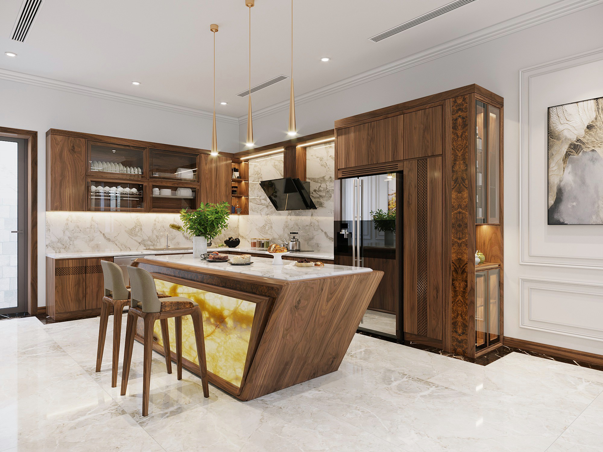 thiết kế phòng bếp gỗ óc chó đẹp hiện đại