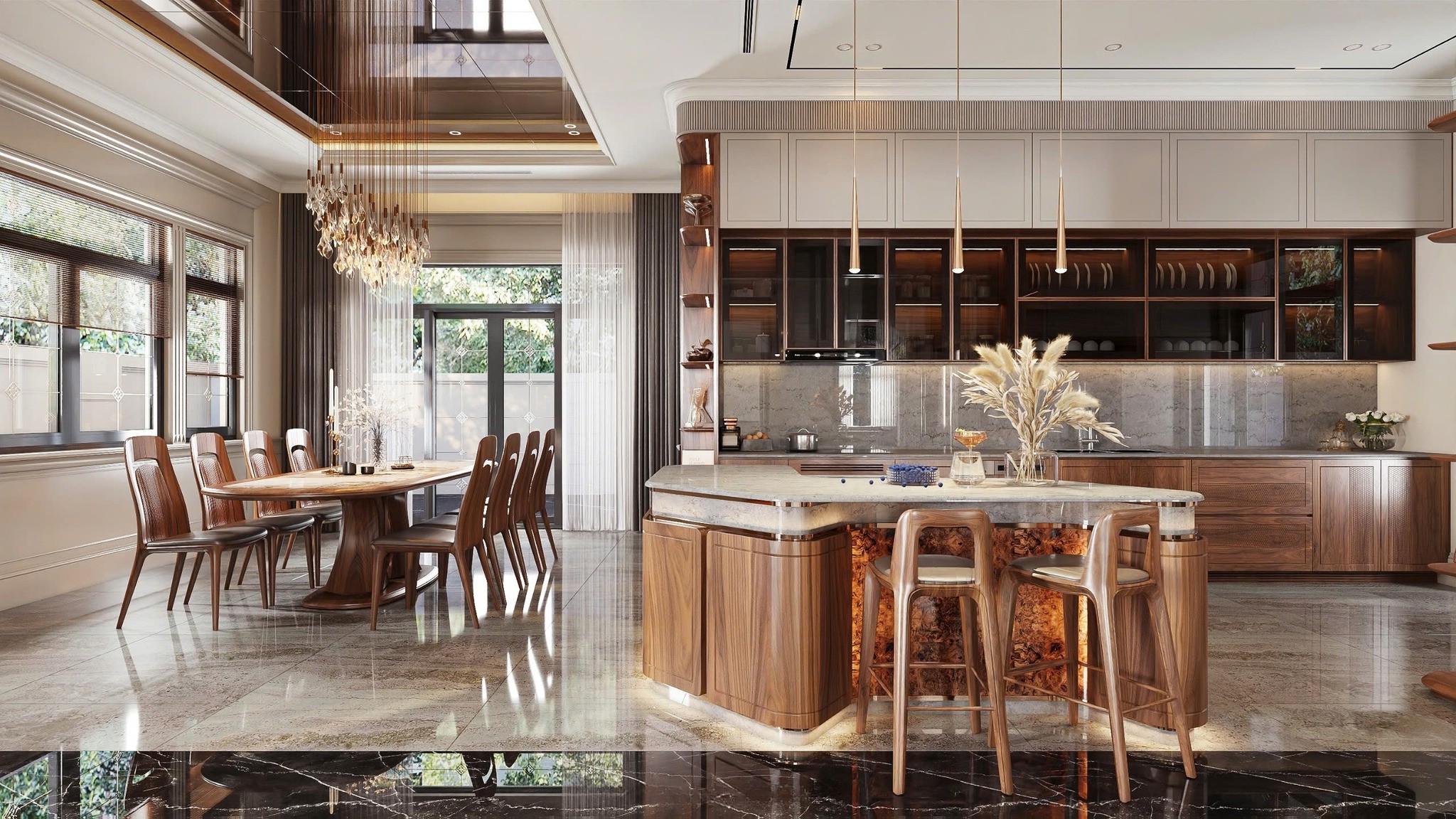 thiết kế phòng bếp gỗ óc chó hiện đại cao cấp