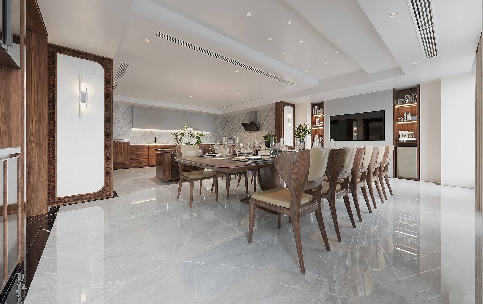 thiết kế phòng bếp gỗ óc chó thông thoáng hiện đại