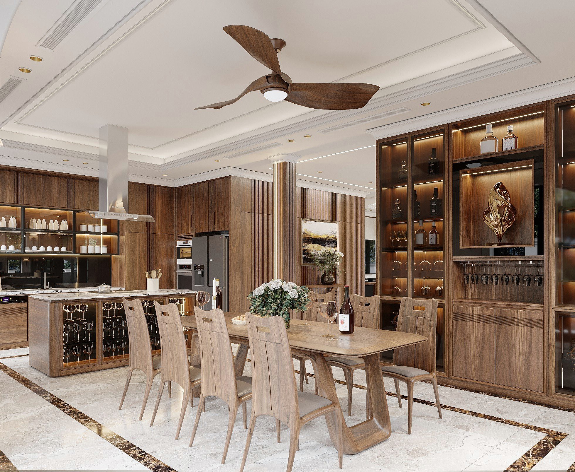 thiết kế phòng bếp gỗ óc chó cao cấp