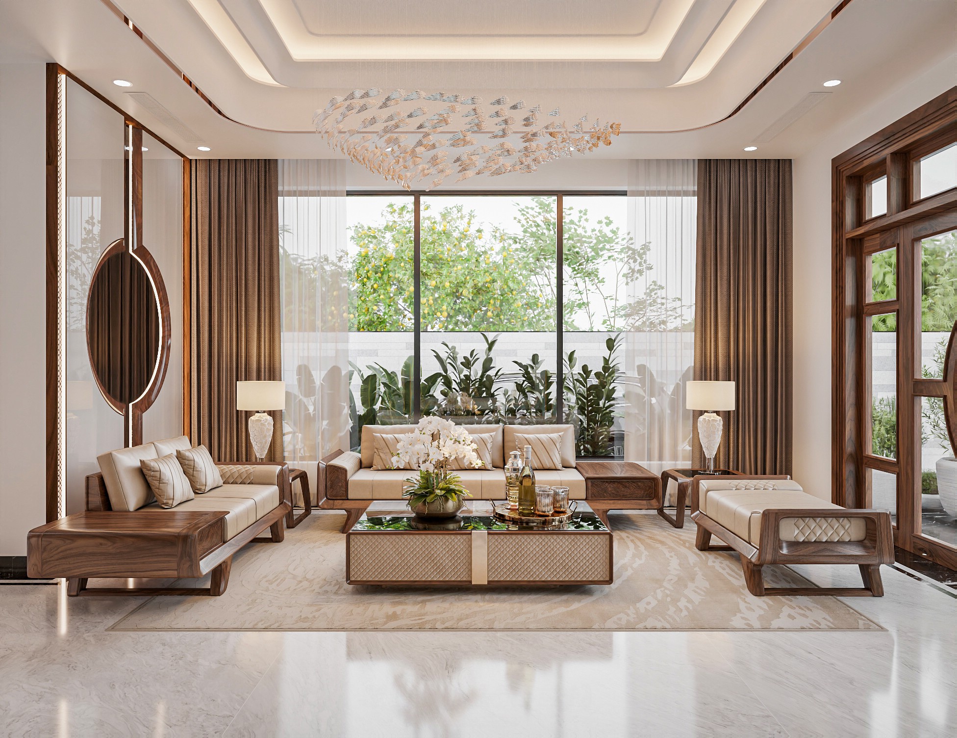 thiết kế phòng khách bàn ghế gỗ óc chó hiện đại