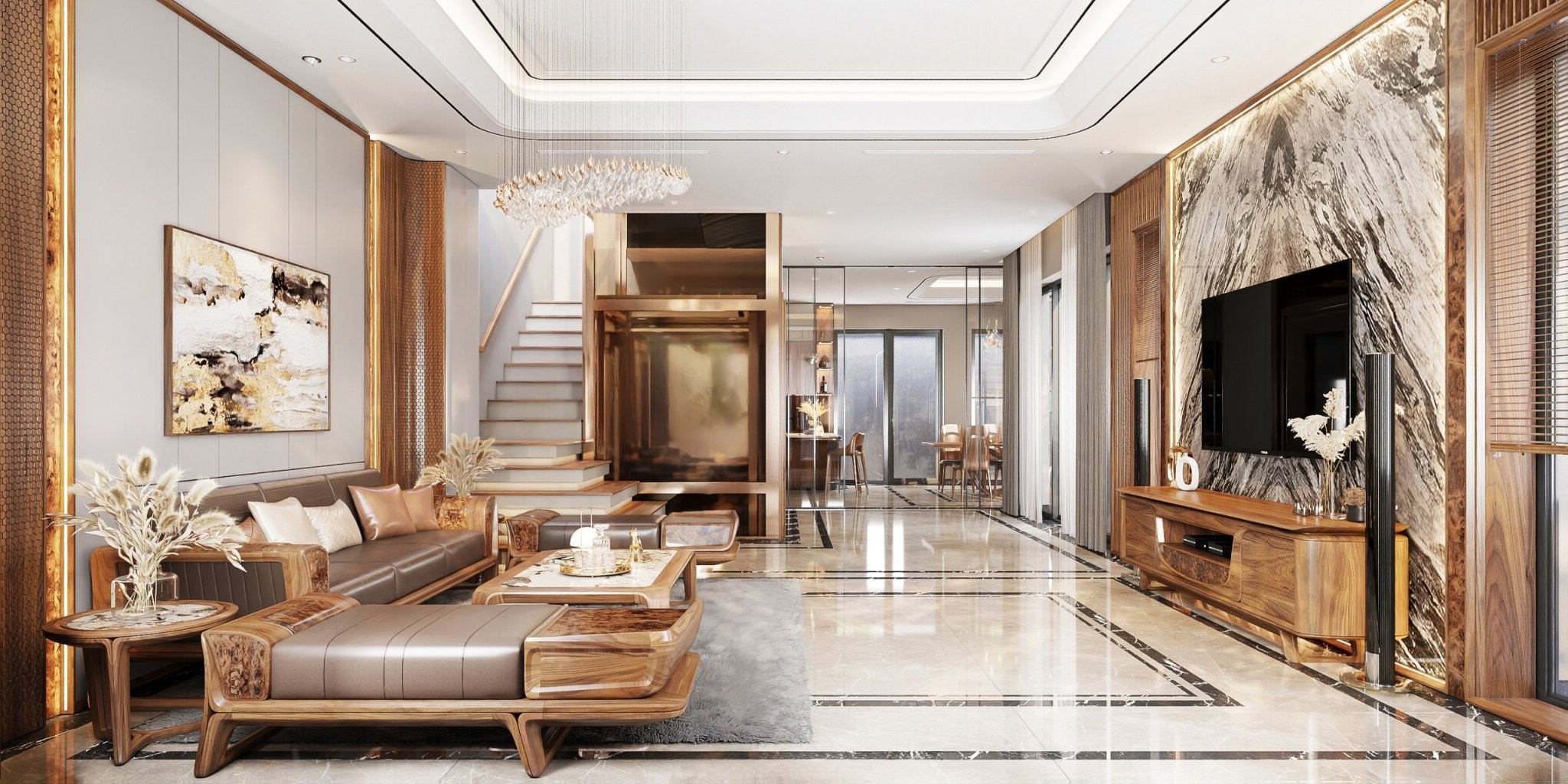 thiết kế phòng khách bằng gỗ óc chó hiện đại