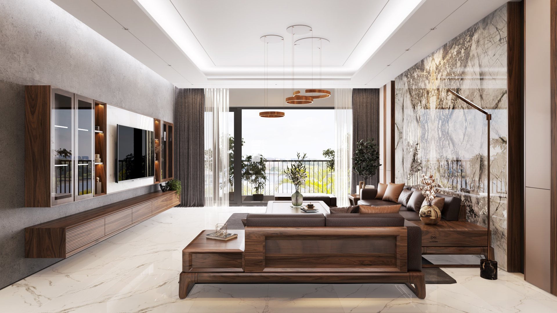 thiết kế phòng khách căn hộ chung cư gỗ óc chó hiện đại