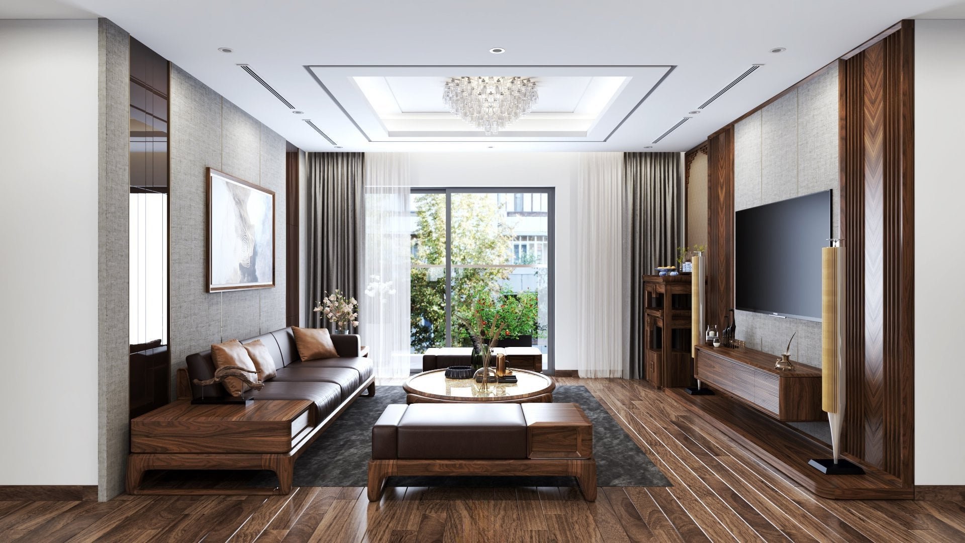 thiết kế phòng khách chung cư gỗ óc chó hiện đại có bàn thờ