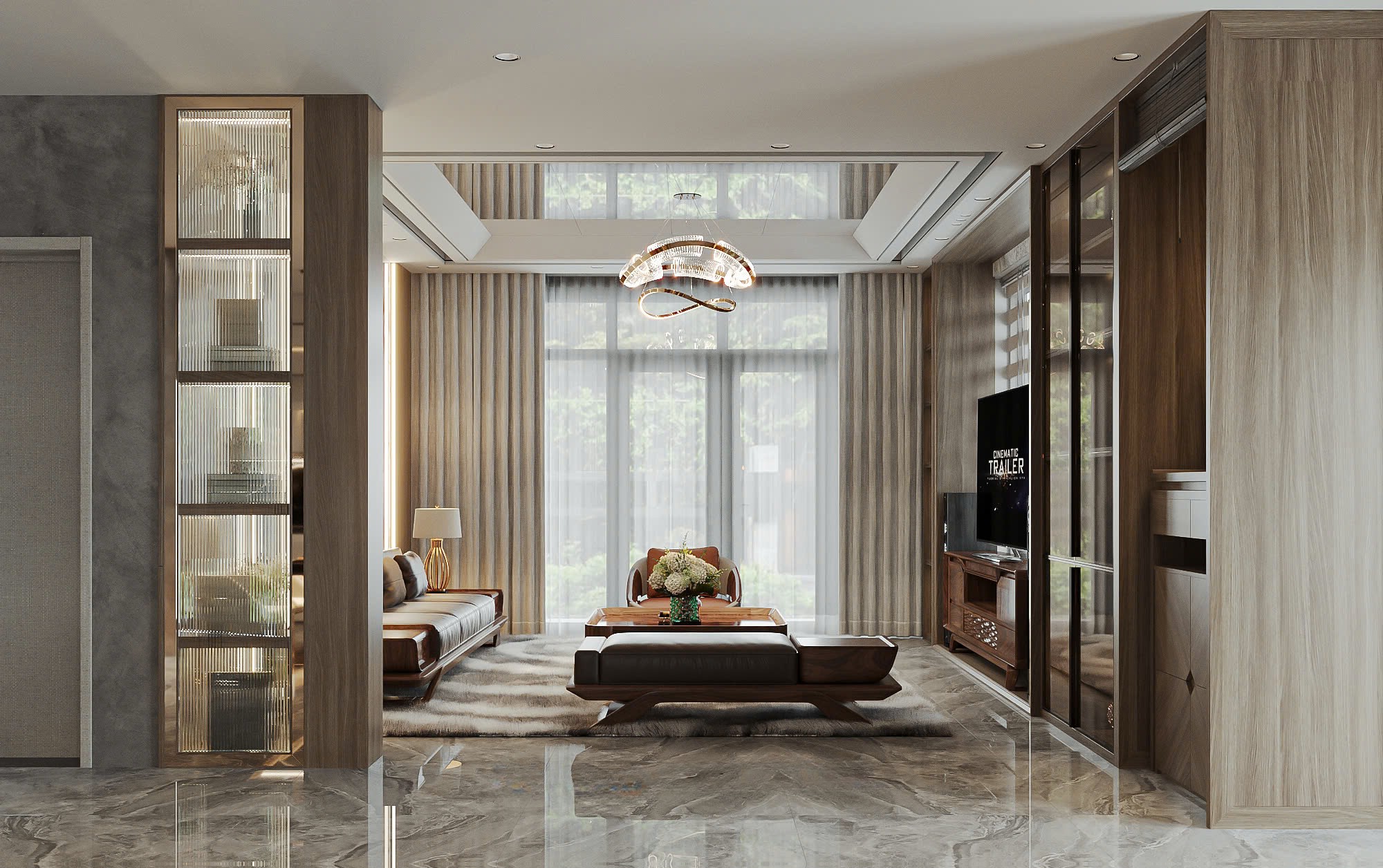 thiết kế phòng khách chung cư gỗ óc chó nhỏ