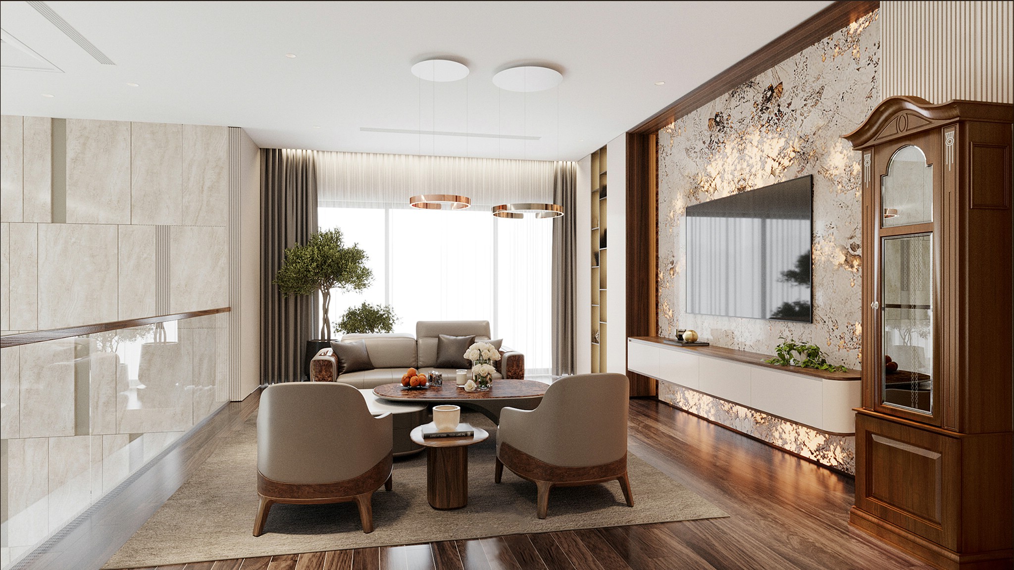 thiết kế phòng khách chung cư gỗ óc chó hiện đại