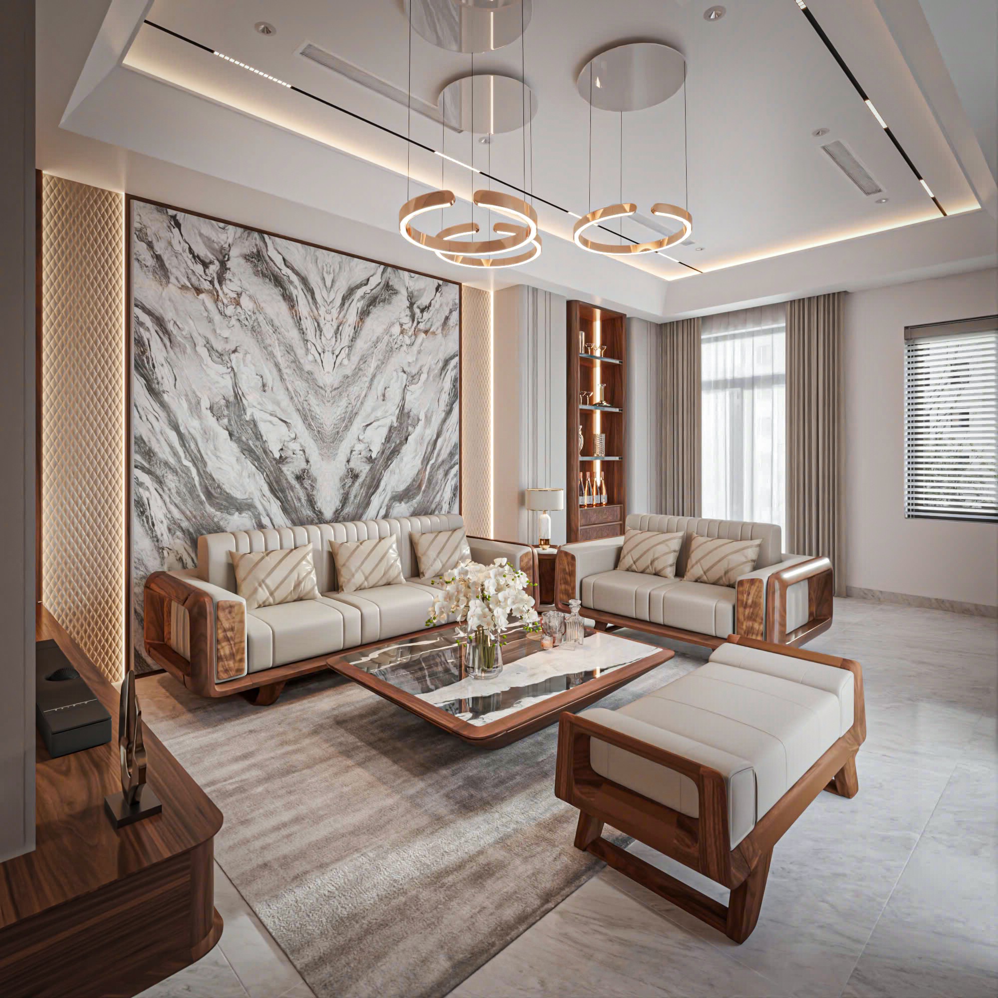 thiết kế phòng khách đẹp với bàn ghế gỗ óc chó