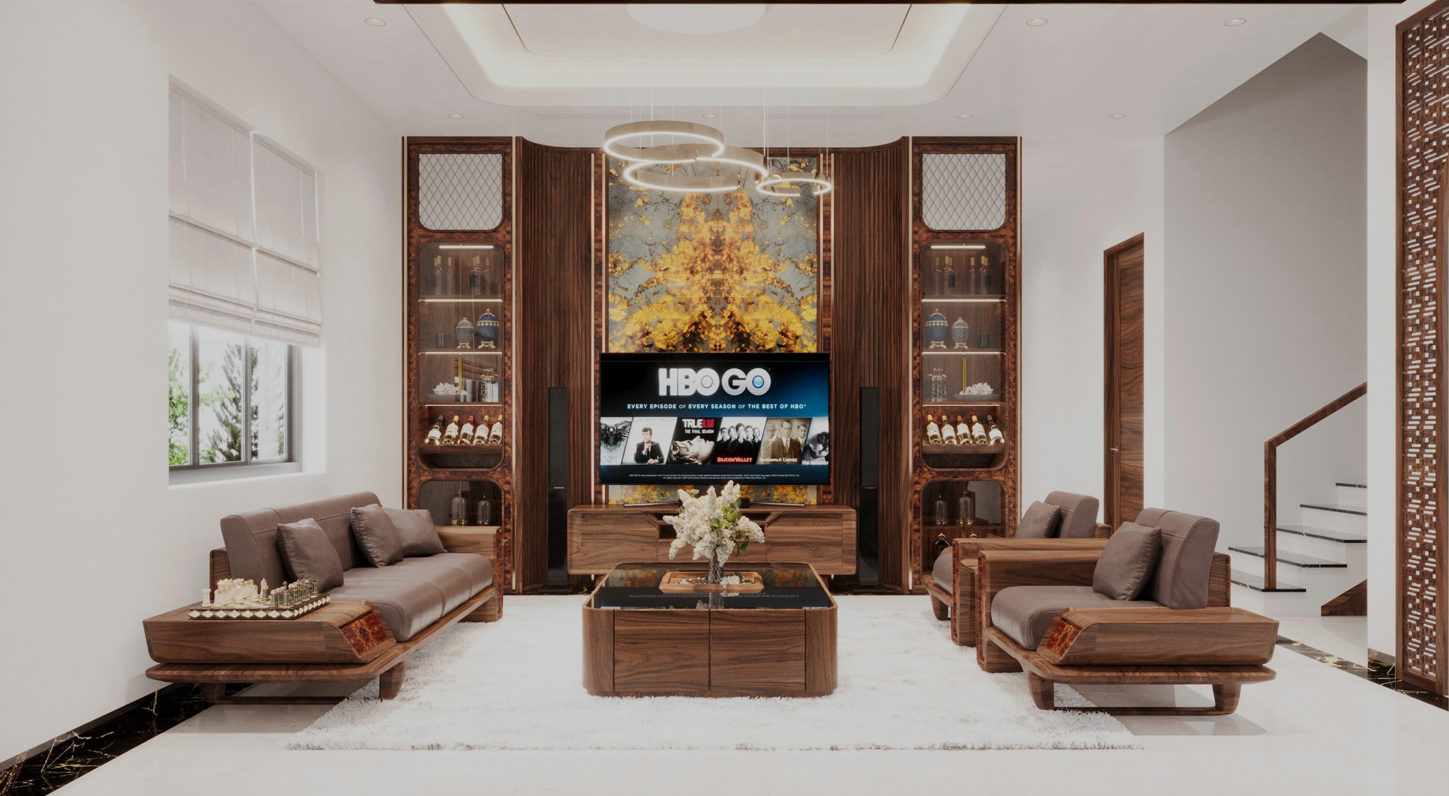 thiết kế phòng khách gỗ óc chó đẹp đơn giản