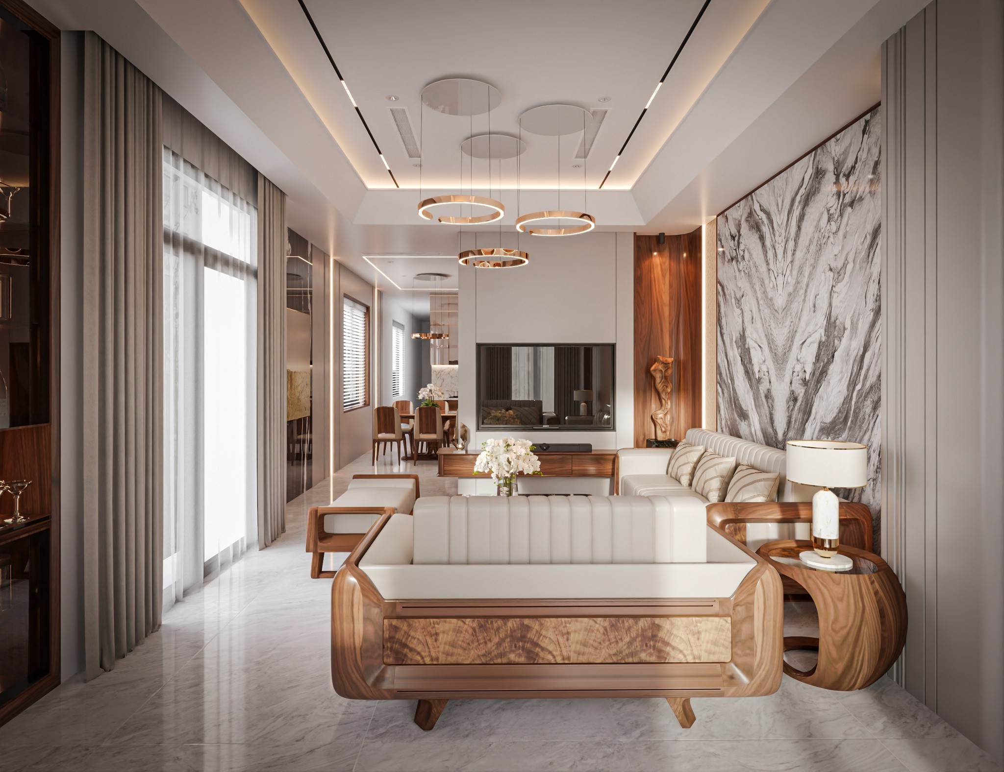 thiết kế phòng khách gỗ óc chó đẹp hiện đại