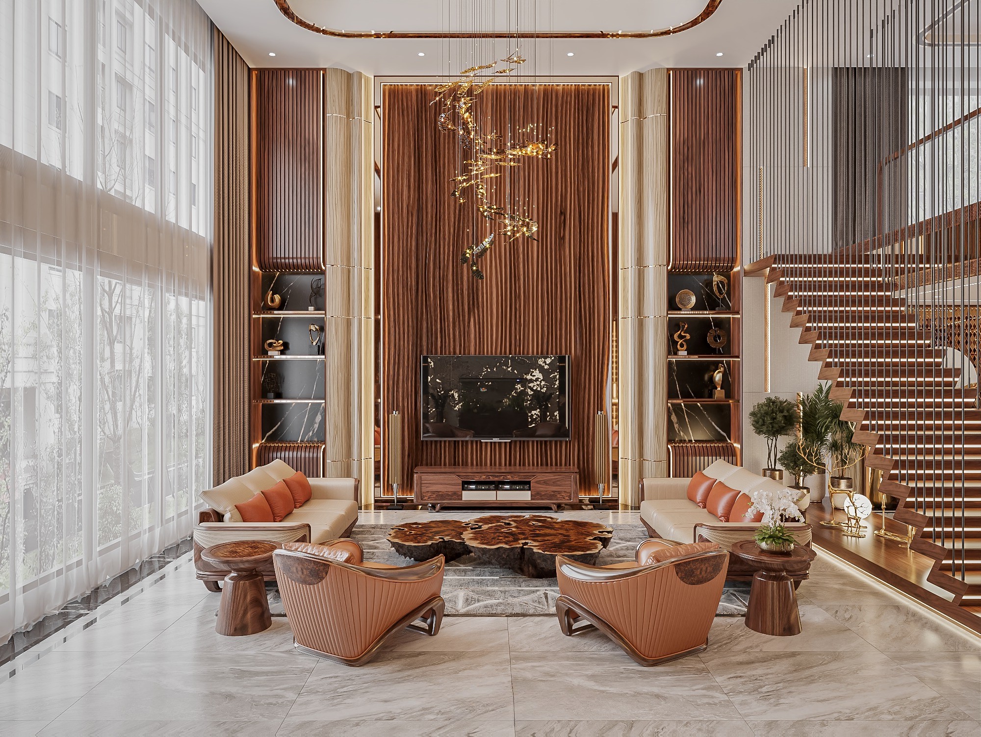 thiết kế phòng khách gỗ óc chó đẹp sang trọng