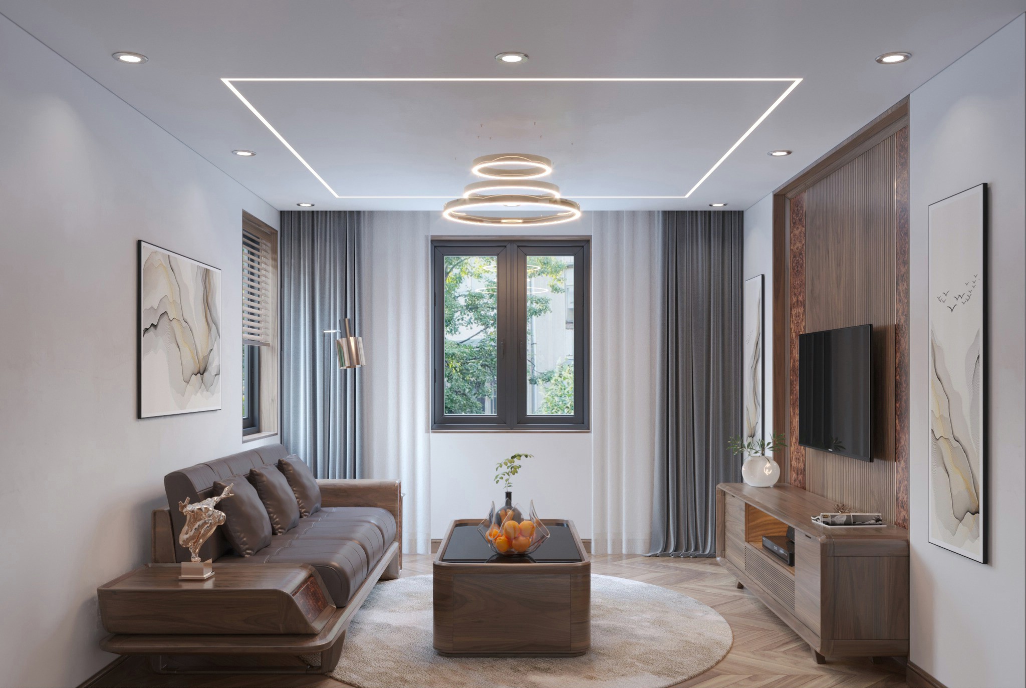 thiết kế phòng khách gỗ óc chó diện tích nhỏ