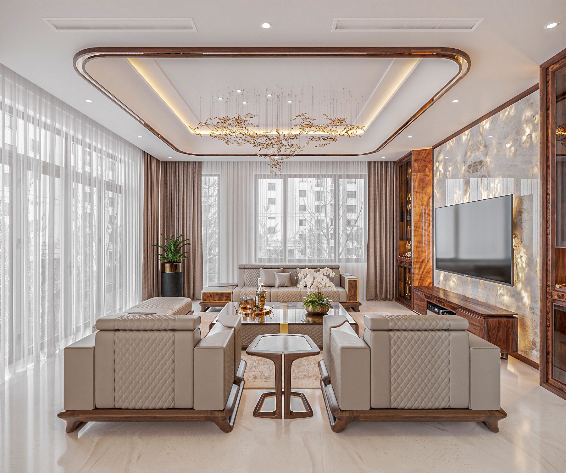 thiết kế phòng khách gỗ óc chó đơn giản hiện đại