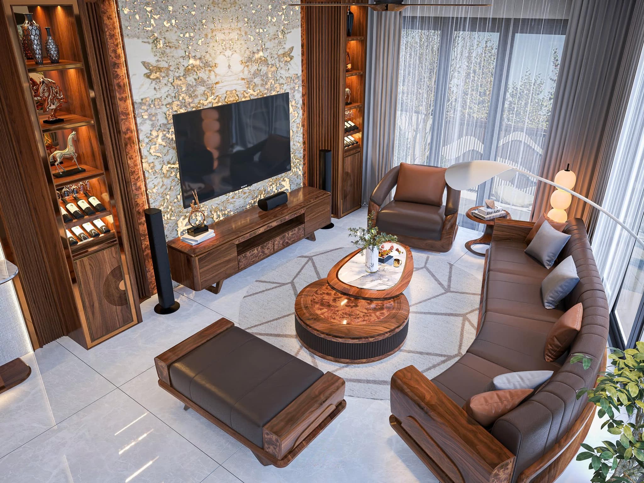 thiết kế phòng khách gỗ óc chó đơn giản mà đẹp