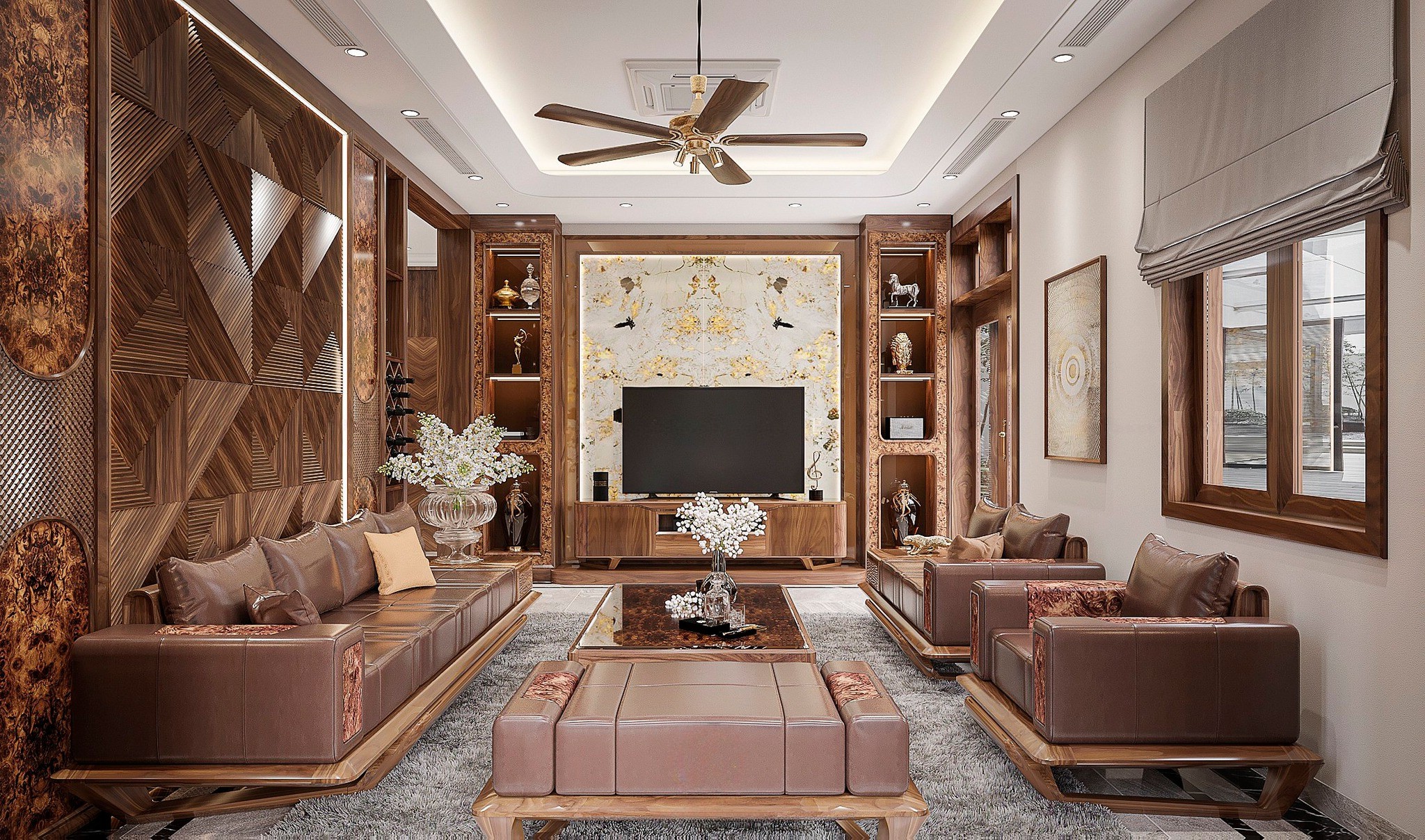 thiết kế phòng khách gỗ óc chó hiện đại sang trọng