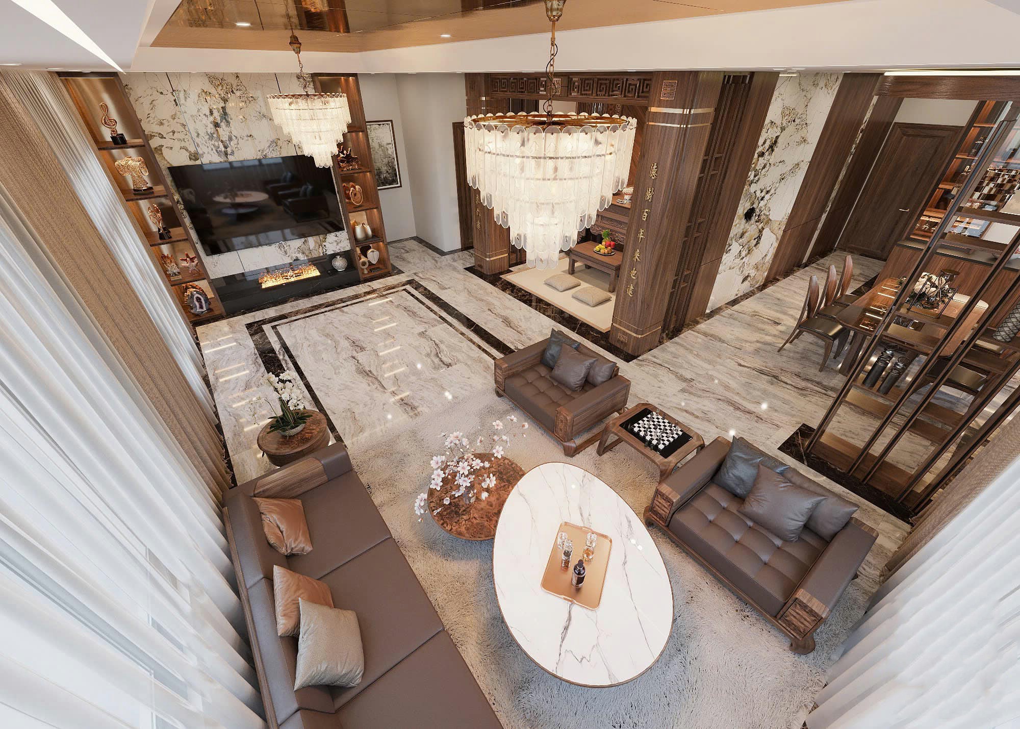 thiết kế phòng khách gỗ óc chó nhà vuông