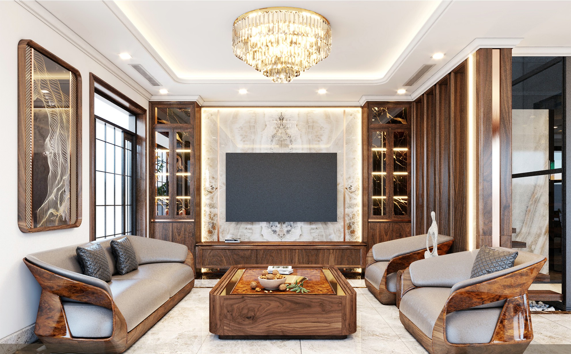 thiết kế phòng khách gỗ óc chó nhỏ đẹp