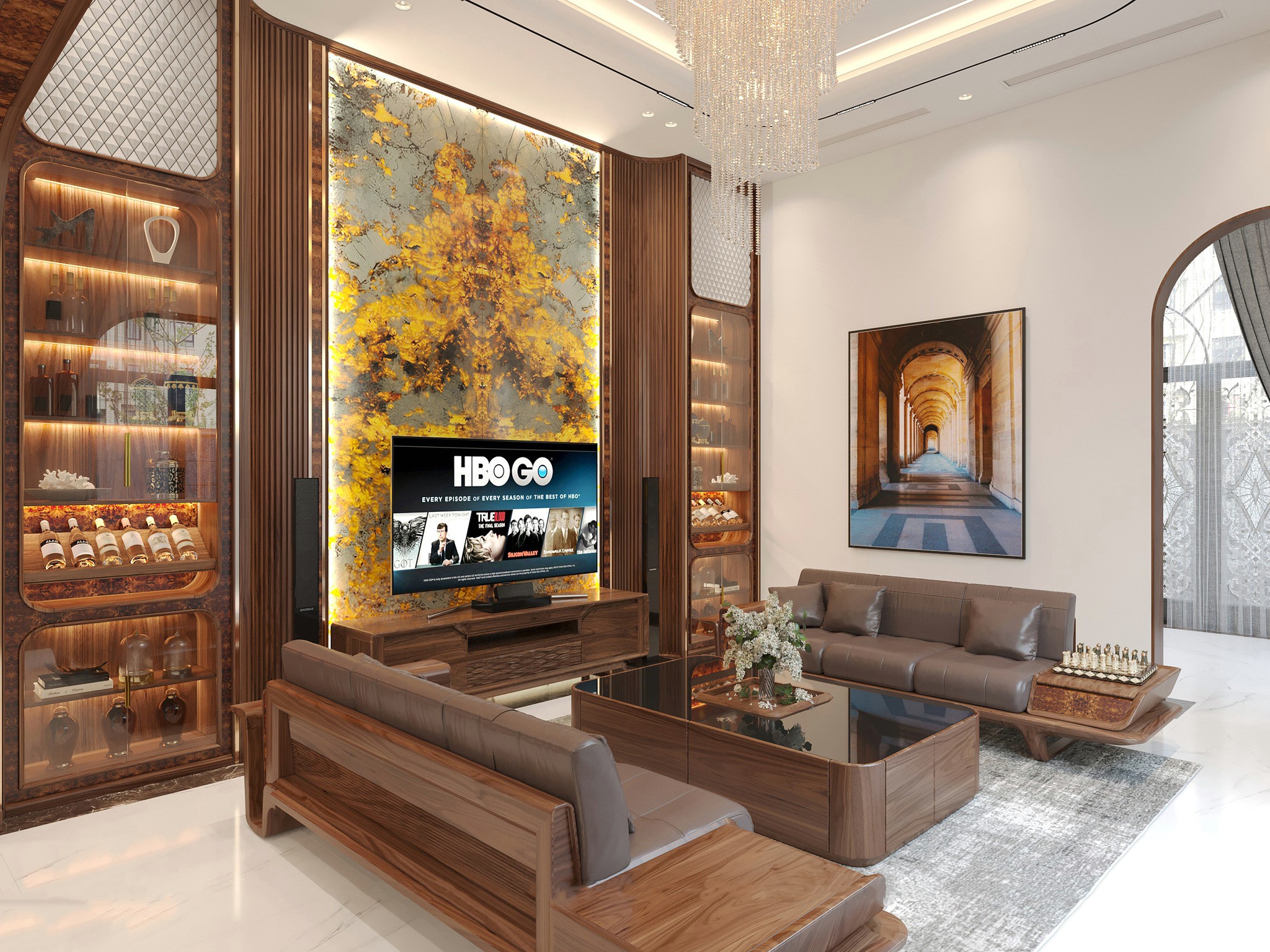 thiết kế phòng khách gỗ óc chó nhỏ đơn giản