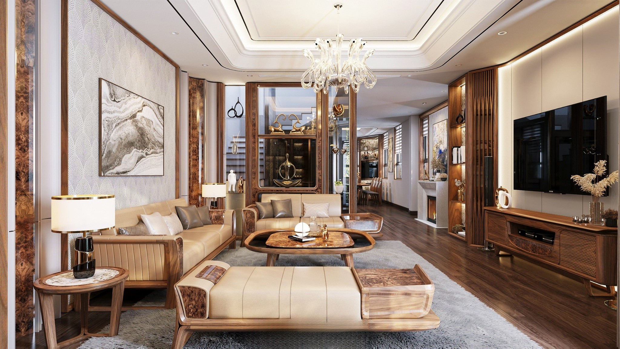 thiết kế phòng khách gỗ óc chó nhỏ gọn đẹp