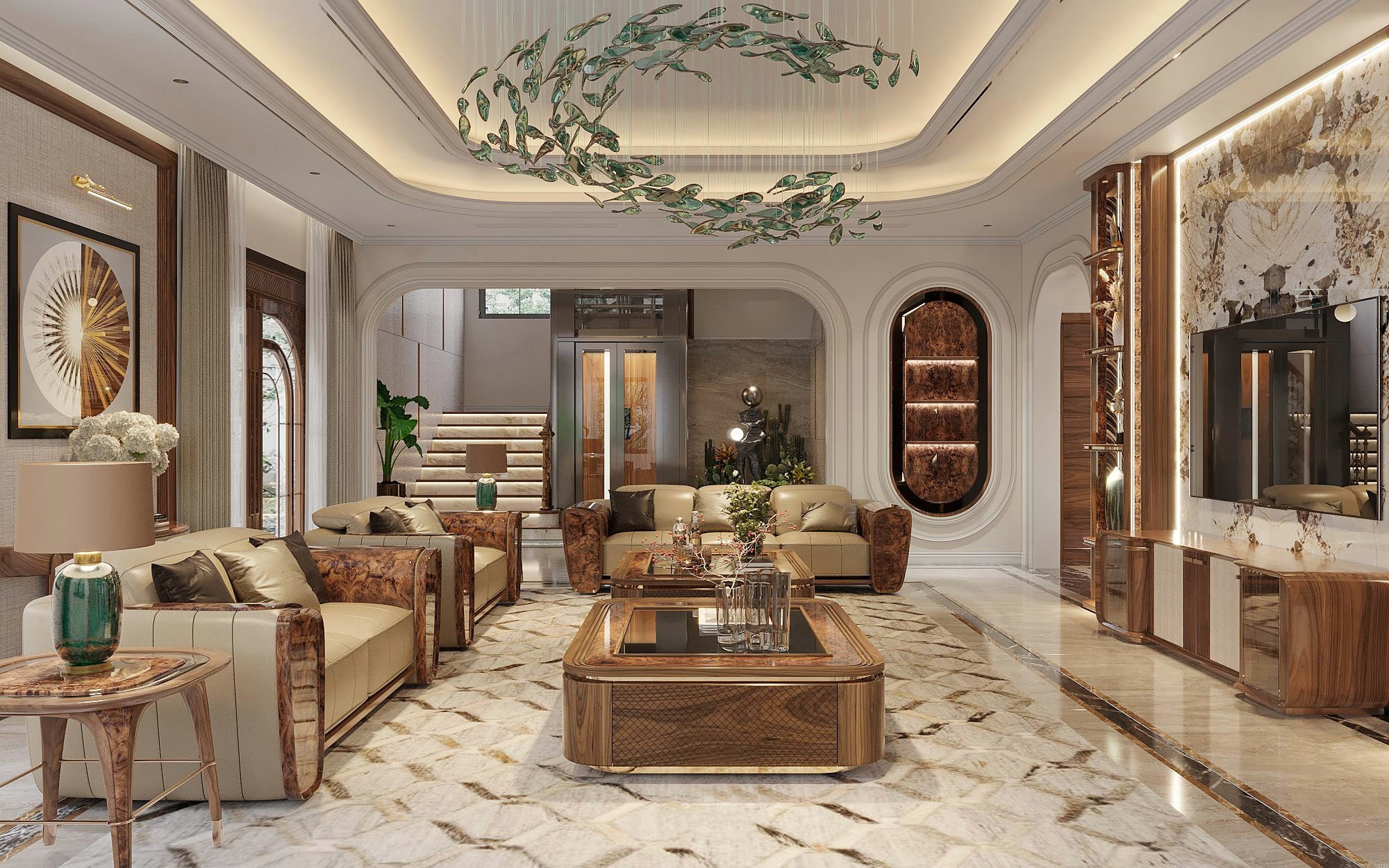 thiết kế phòng khách gỗ óc chó sang trọng hiện đại