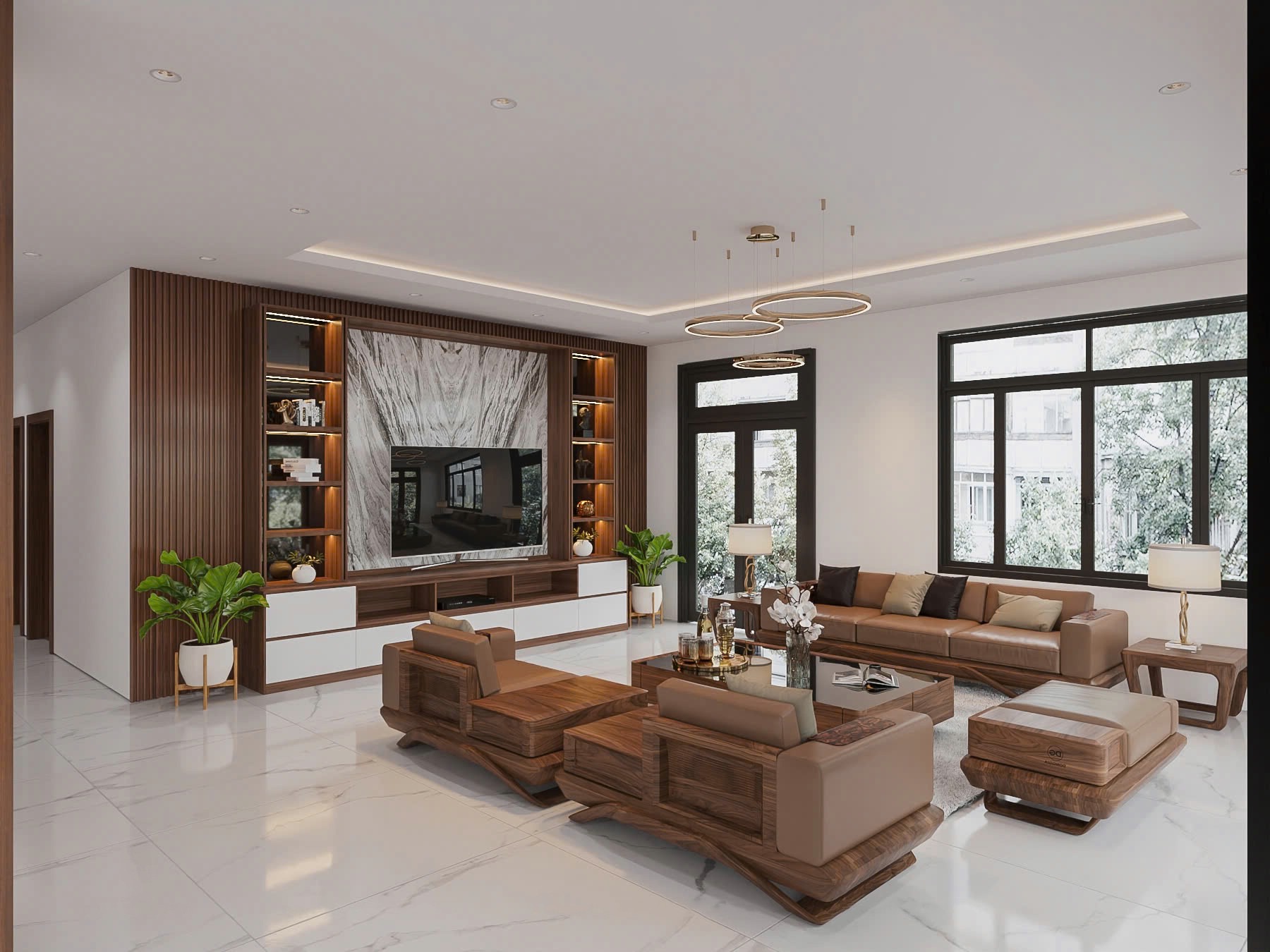 thiết kế phòng khách gỗ óc chó sang trọng