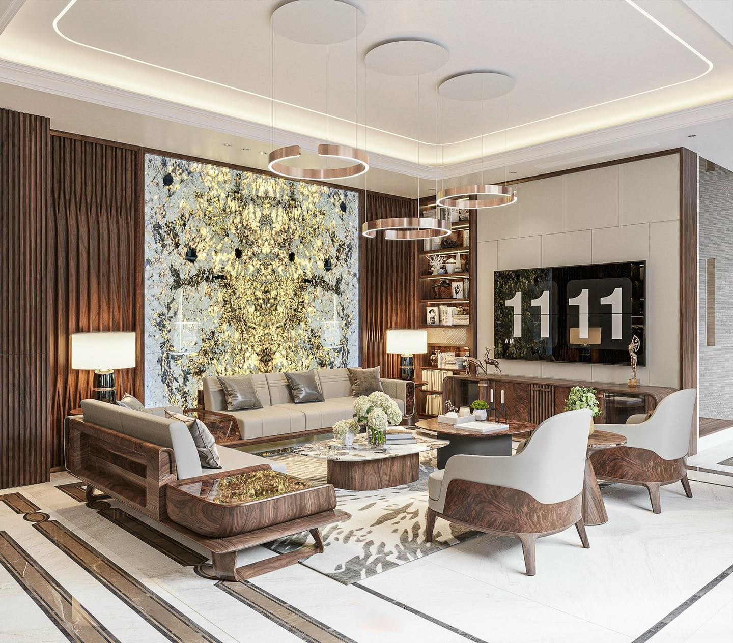 thiết kế phòng khách gỗ óc chó theo phong cách hiện đại