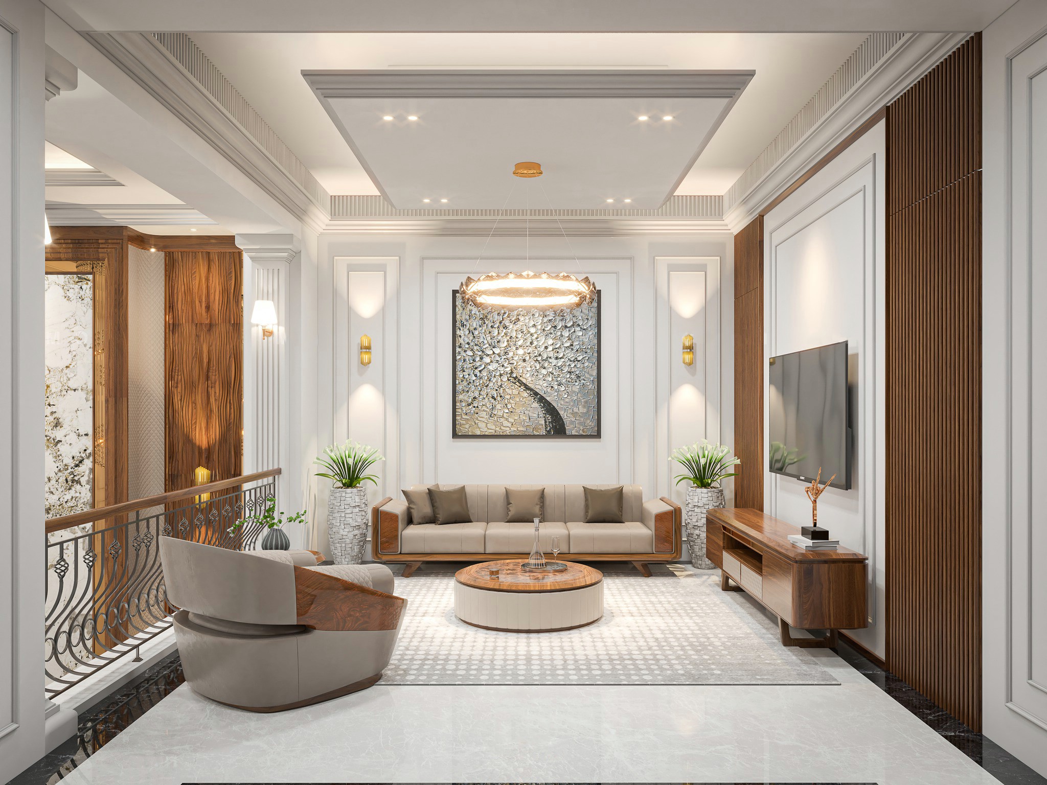 thiết kế phòng khách gỗ óc chó trên tầng 2