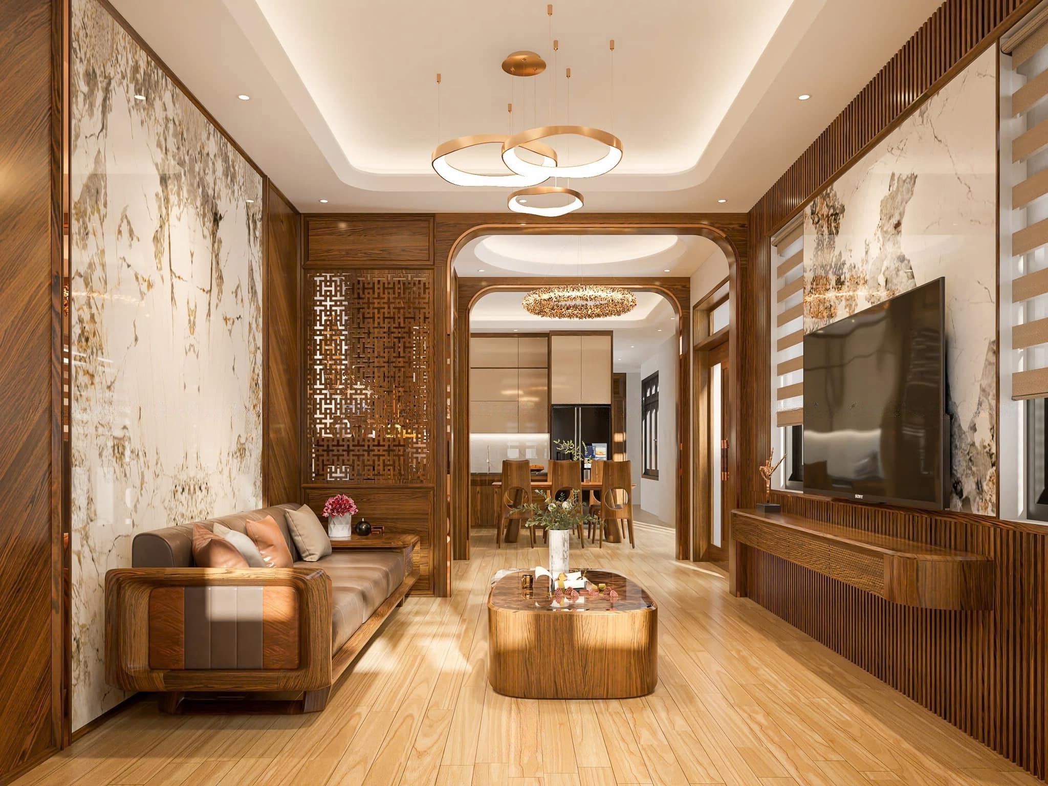 thiết kế phòng khách hẹp gỗ óc chó hiện đại