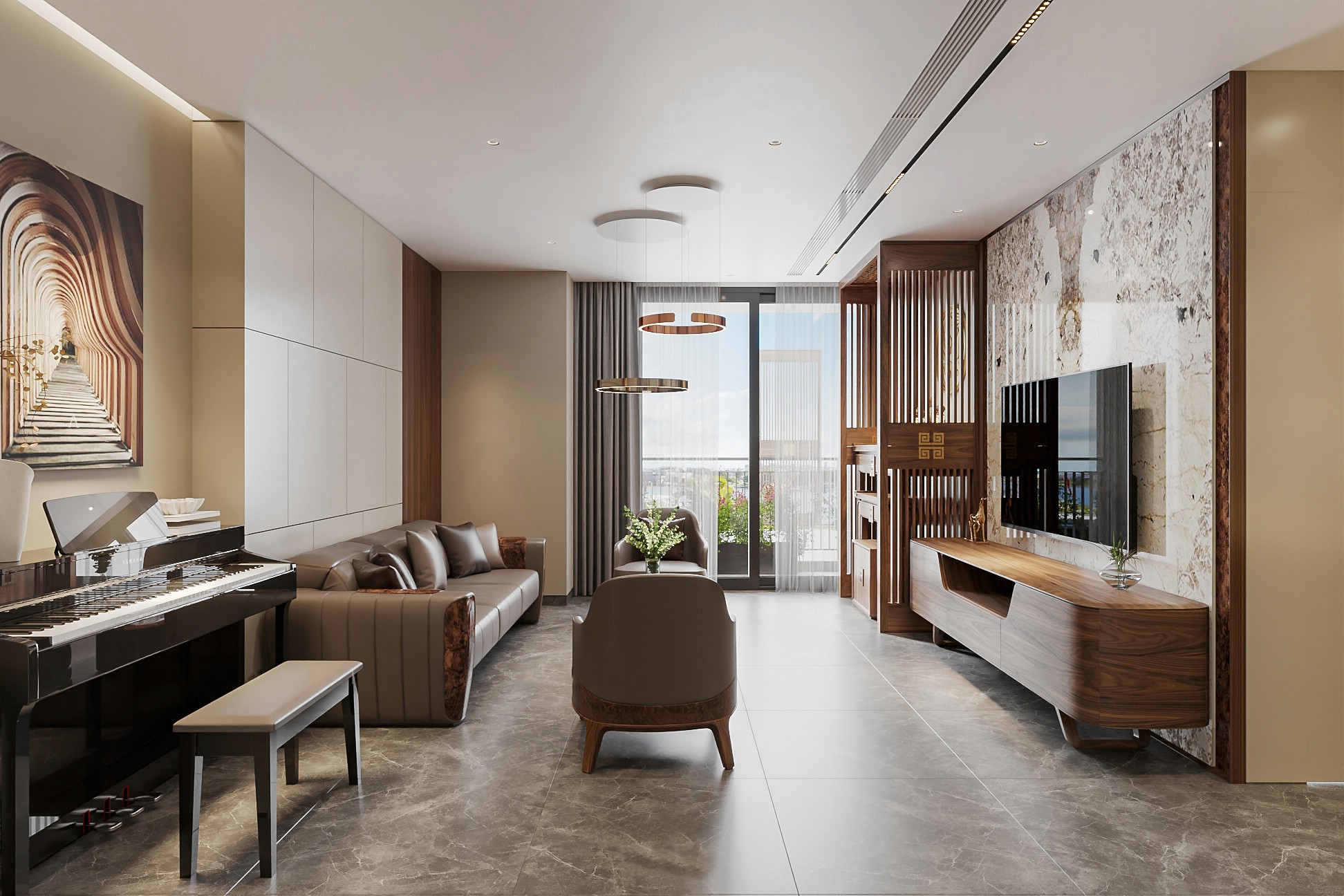 thiết kế phòng khách kết hợp phòng thờ gỗ óc chó