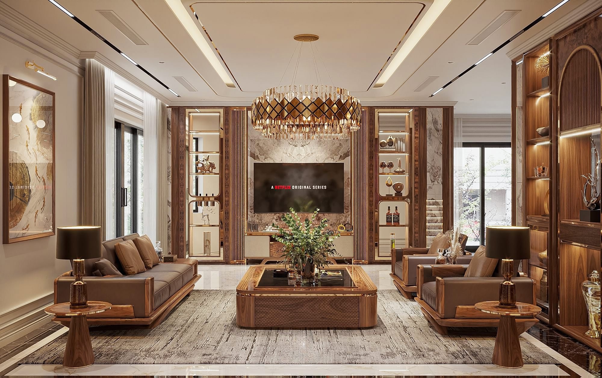 thiết kế phòng khách không gian mở gỗ óc chó