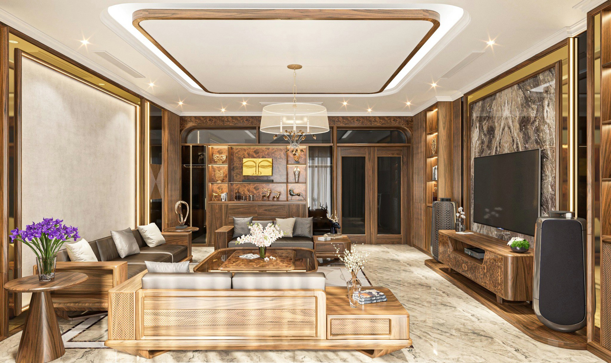 thiết kế phòng khách ngang 5m gỗ óc chó