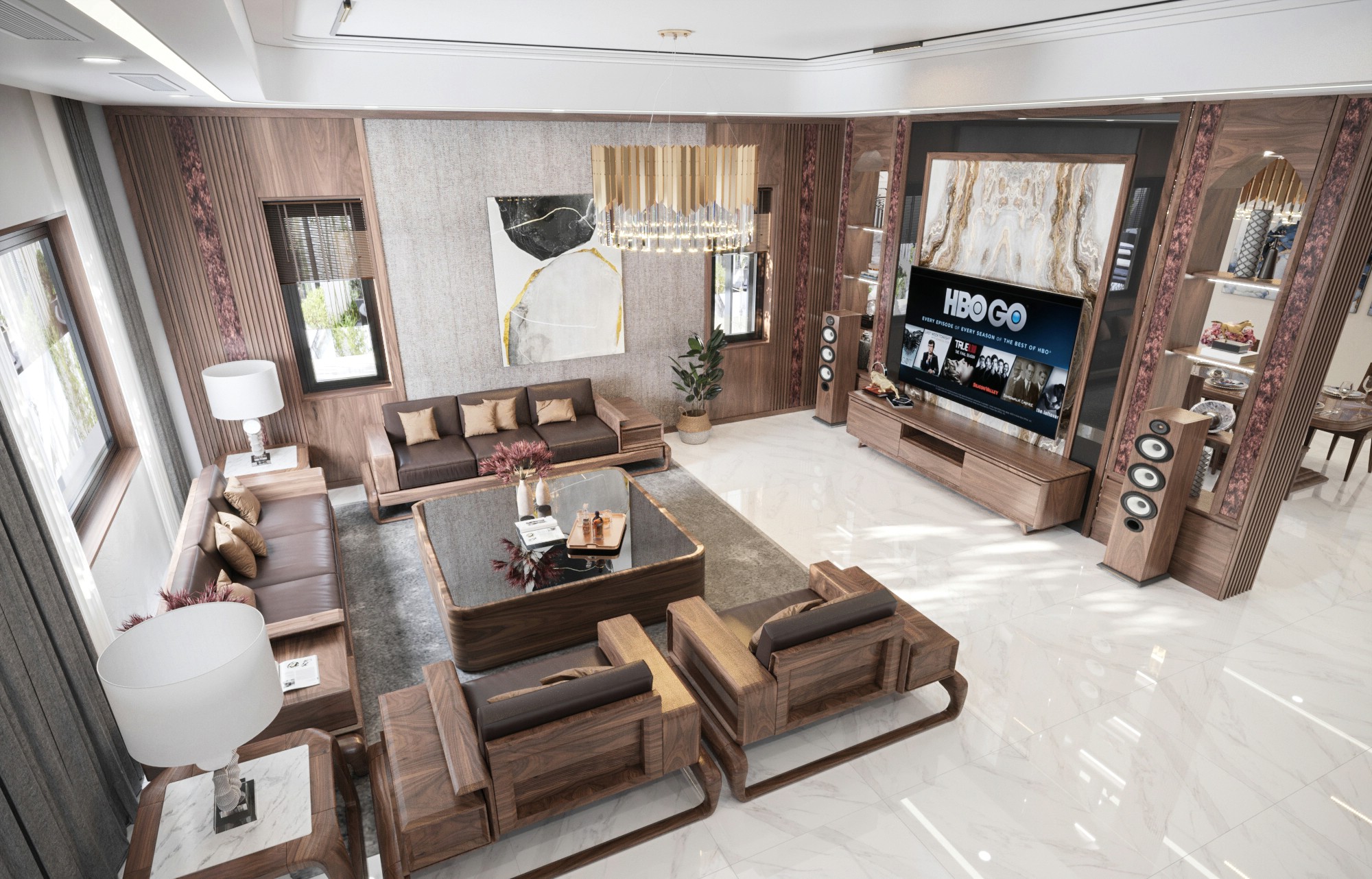 thiết kế phòng khách nội thất gỗ óc chó