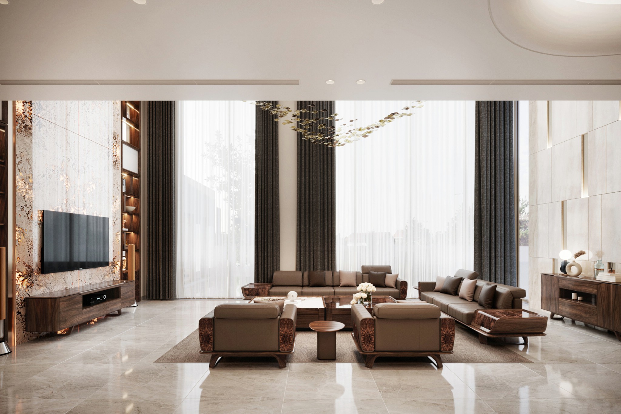 thiết kế phòng khách rộng gỗ óc chó