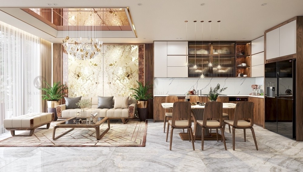 thiết kế phòng khách và bếp chung gỗ óc chó