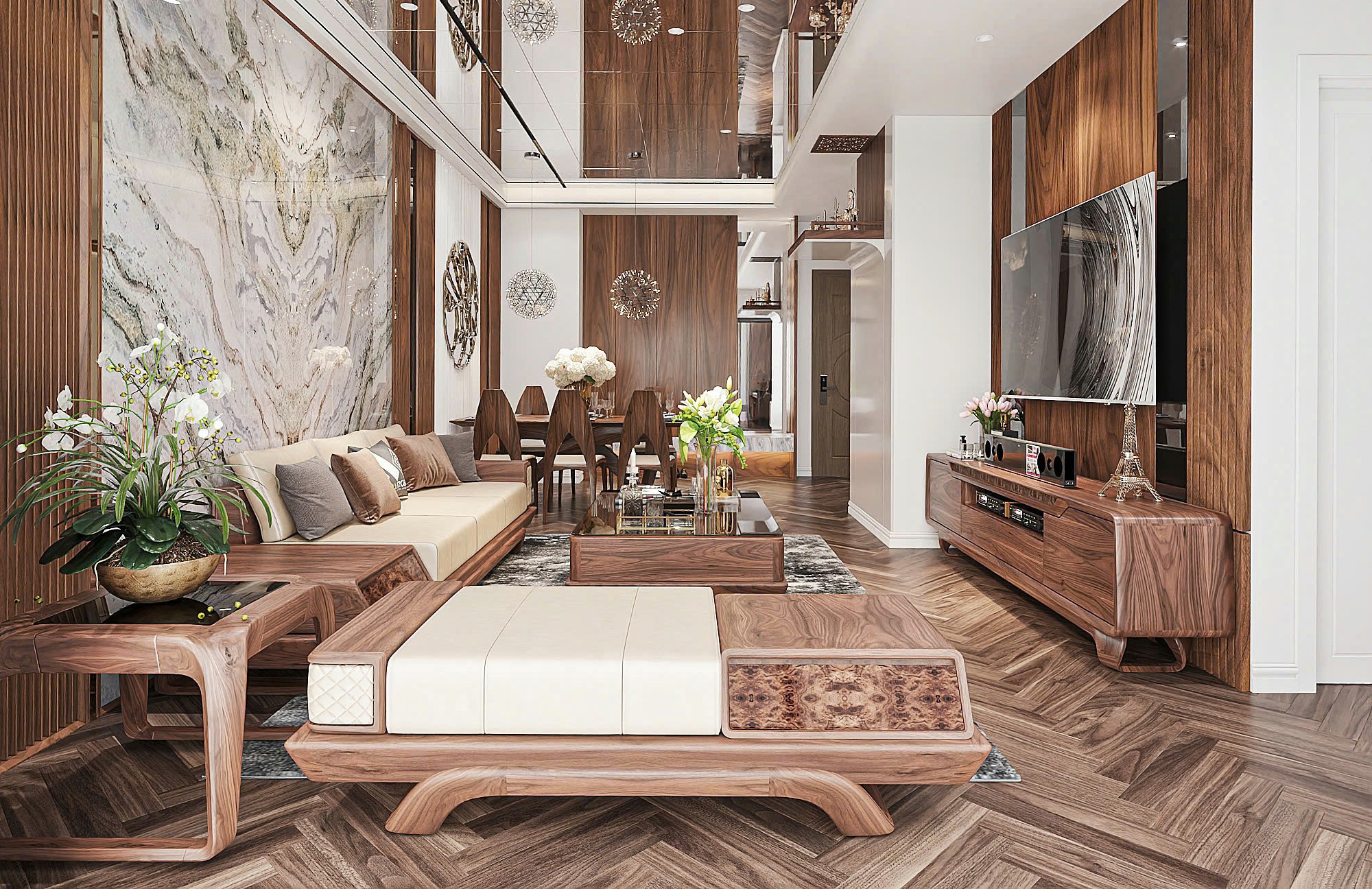 thiết kế phòng khách và bếp gỗ óc chó cho nhà ống