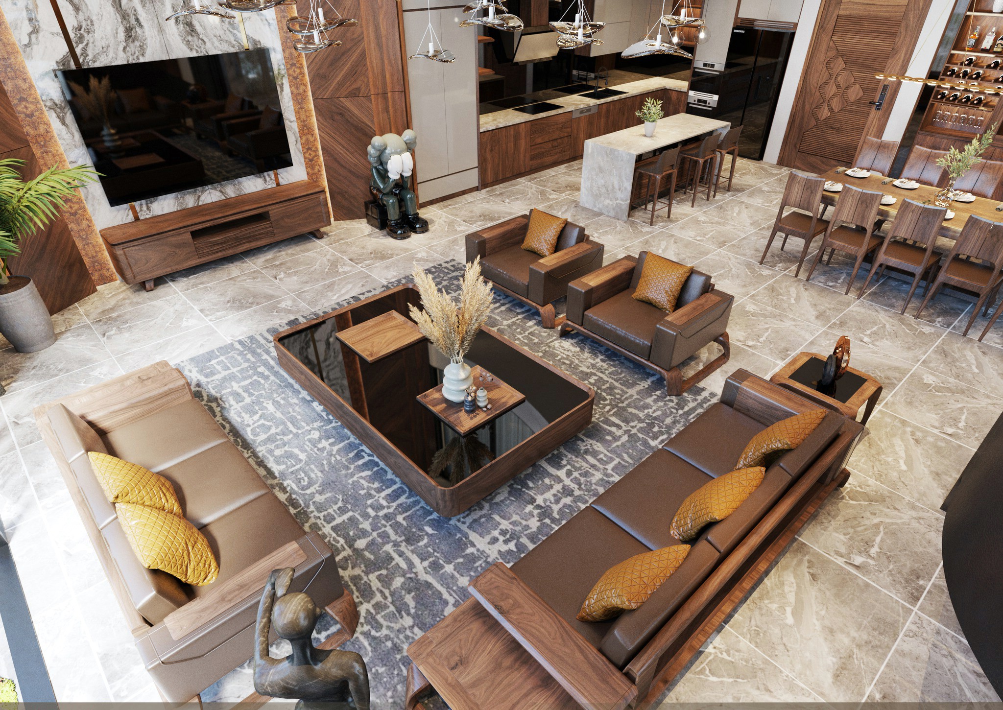 thiết kế phòng khách và bếp gỗ óc chó