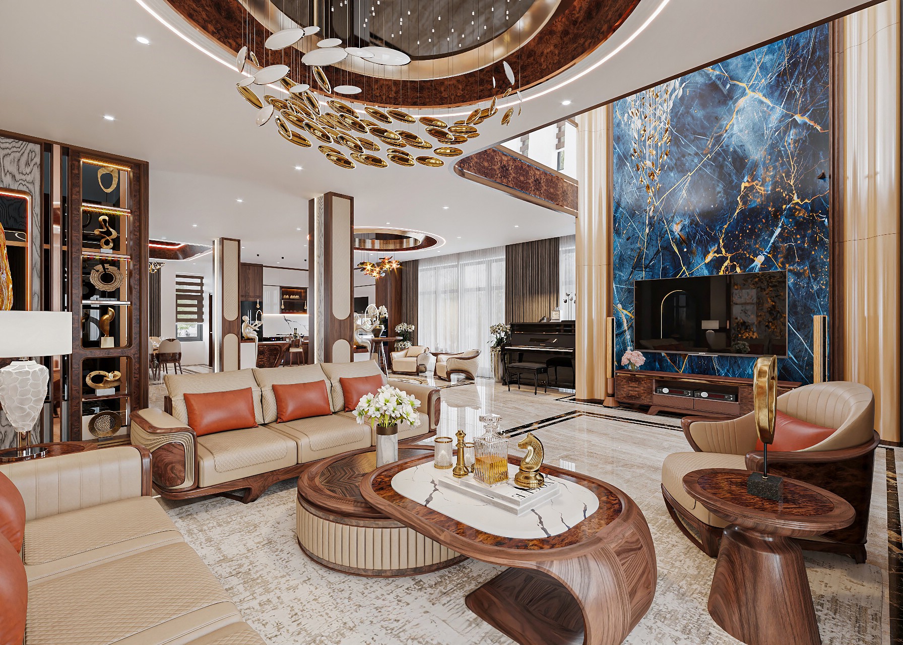 thiết kế phòng khách và bếp liên thông gỗ óc chó