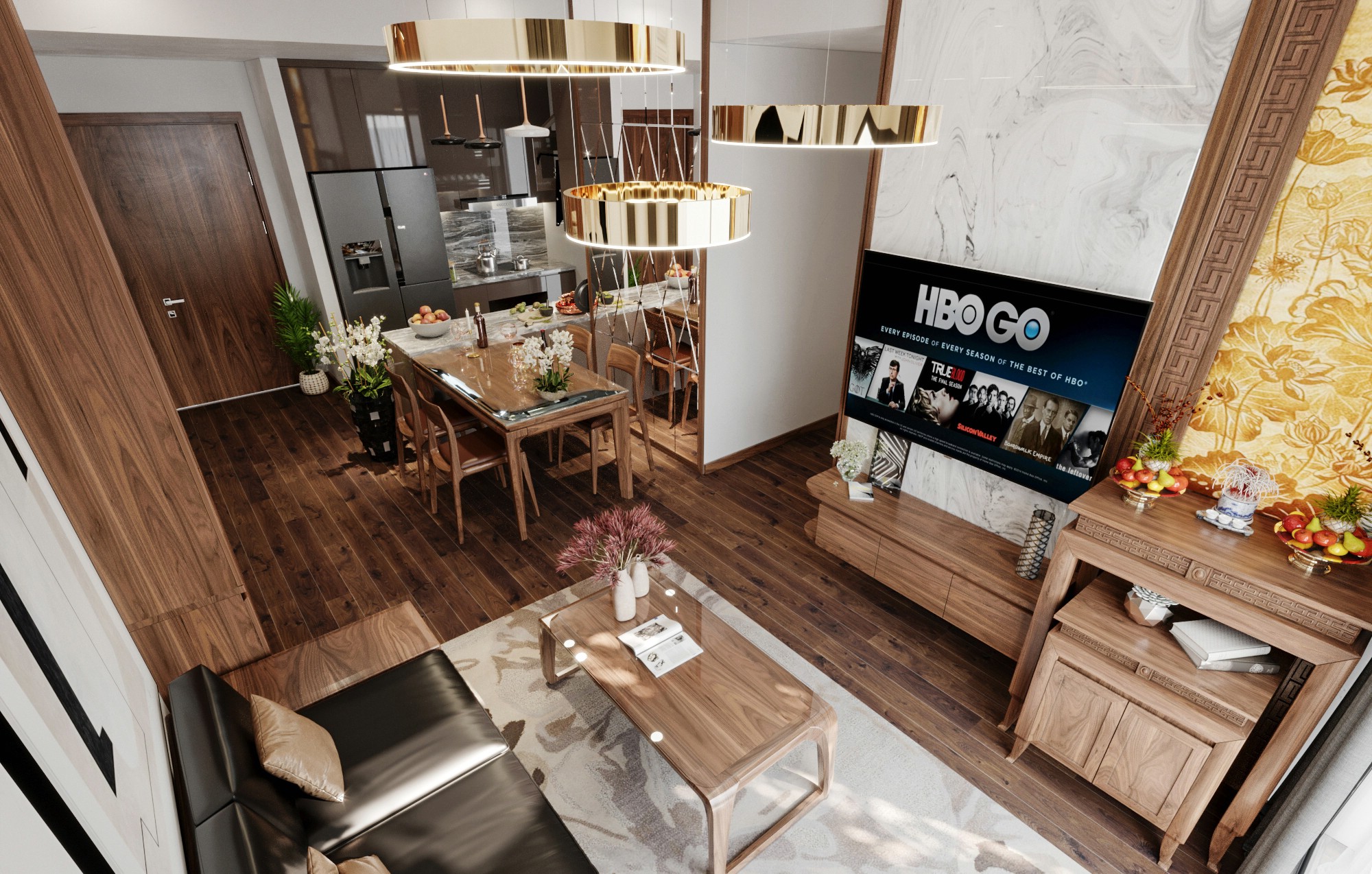 thiết kế phòng khách và bếp thông nhau gỗ óc chó