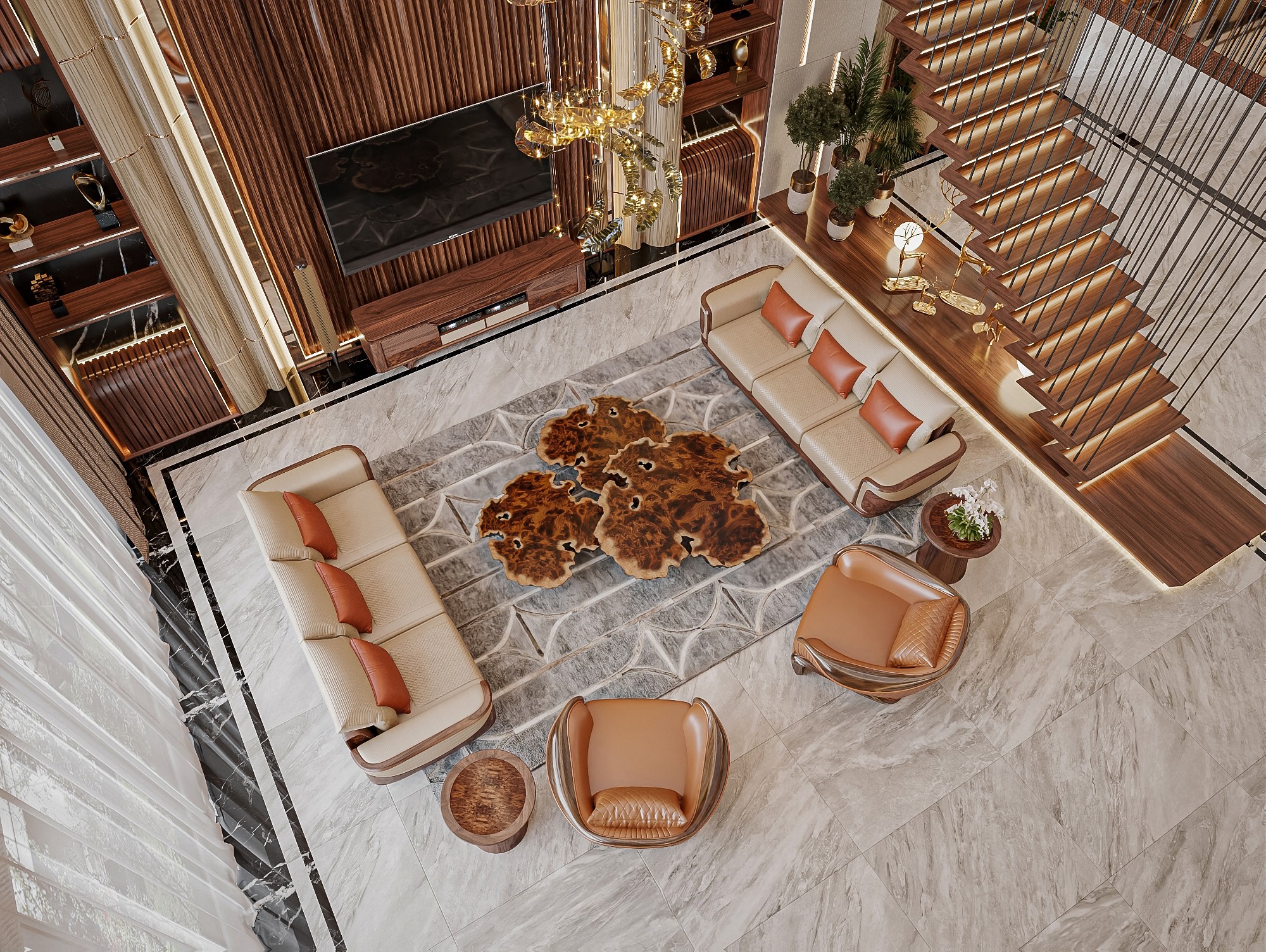 thiết kế phòng khách và cầu thang gỗ óc chó