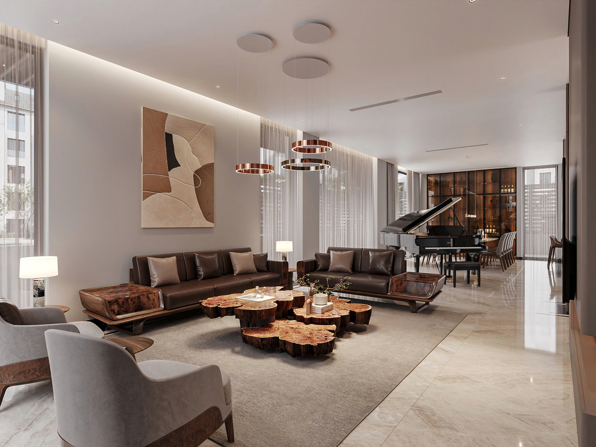 thiết kế phòng khách với bàn ghế gỗ óc chó