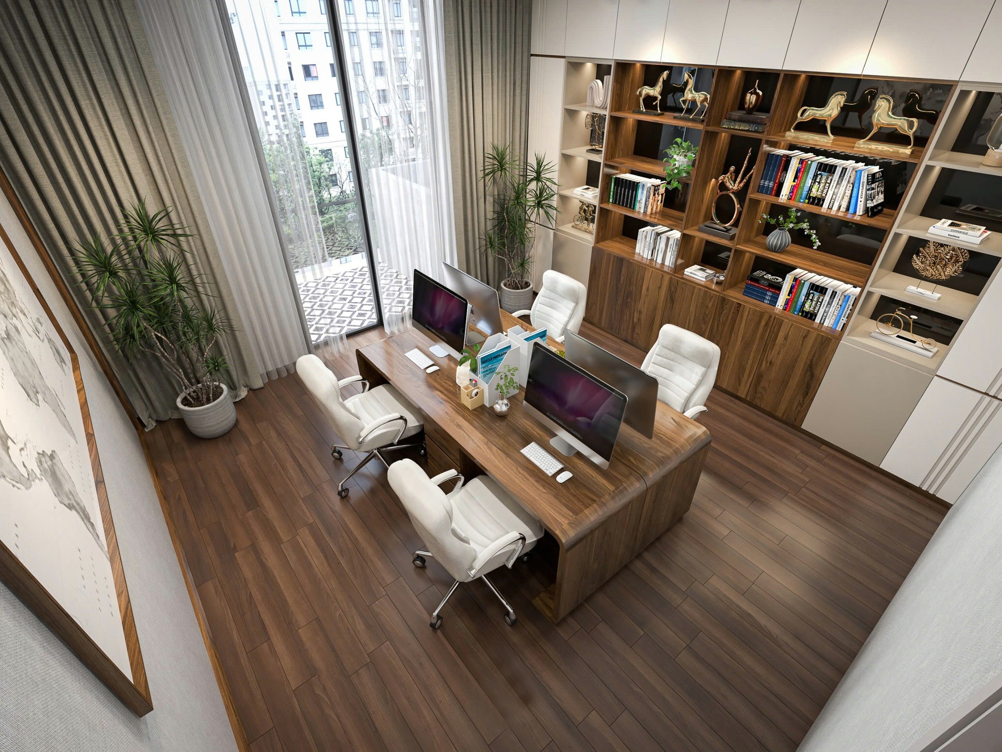 Thiết kế phòng làm việc gỗ óc chó hiện đại.