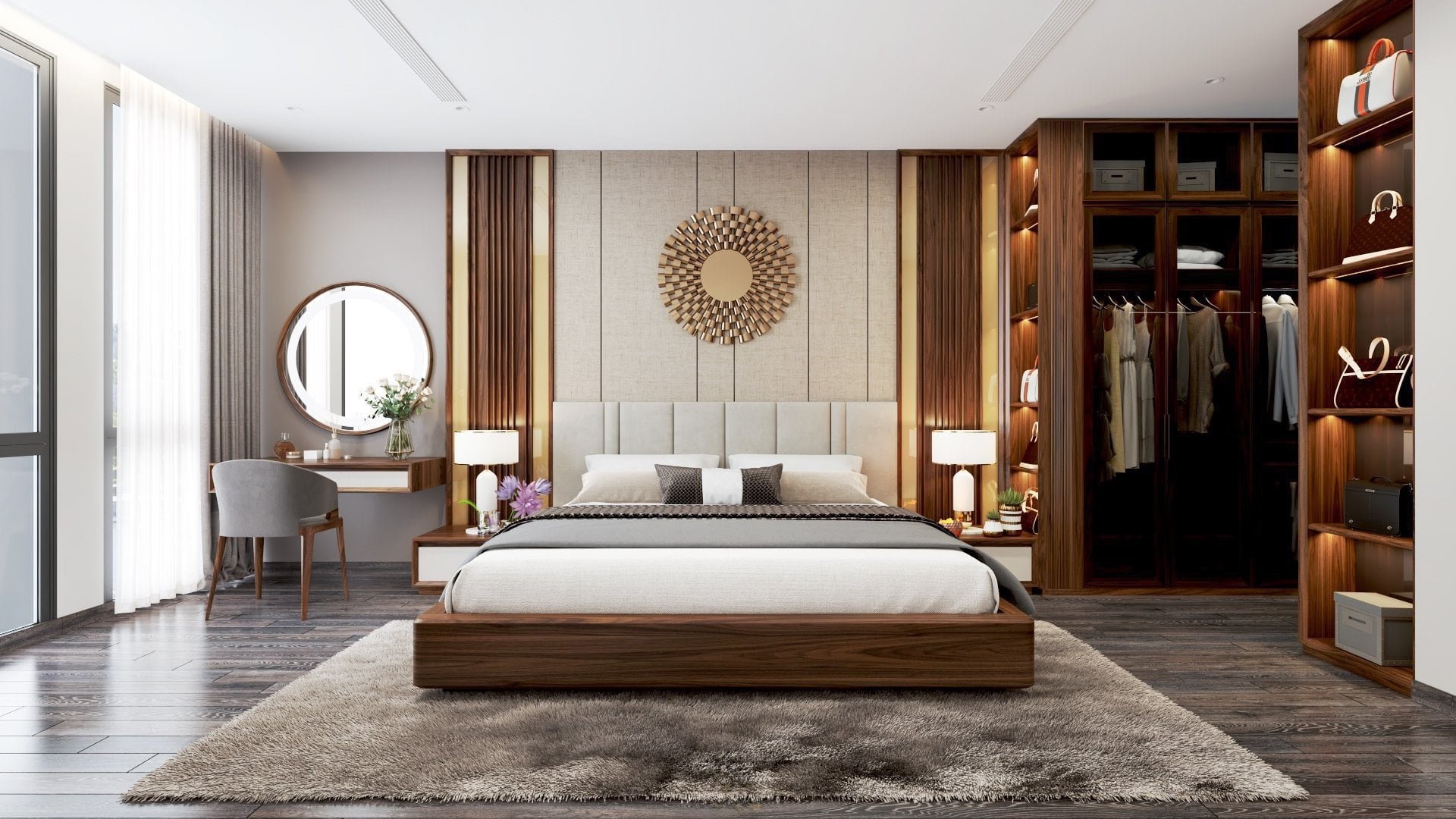 thiết kế phòng ngủ bằng gỗ óc chó