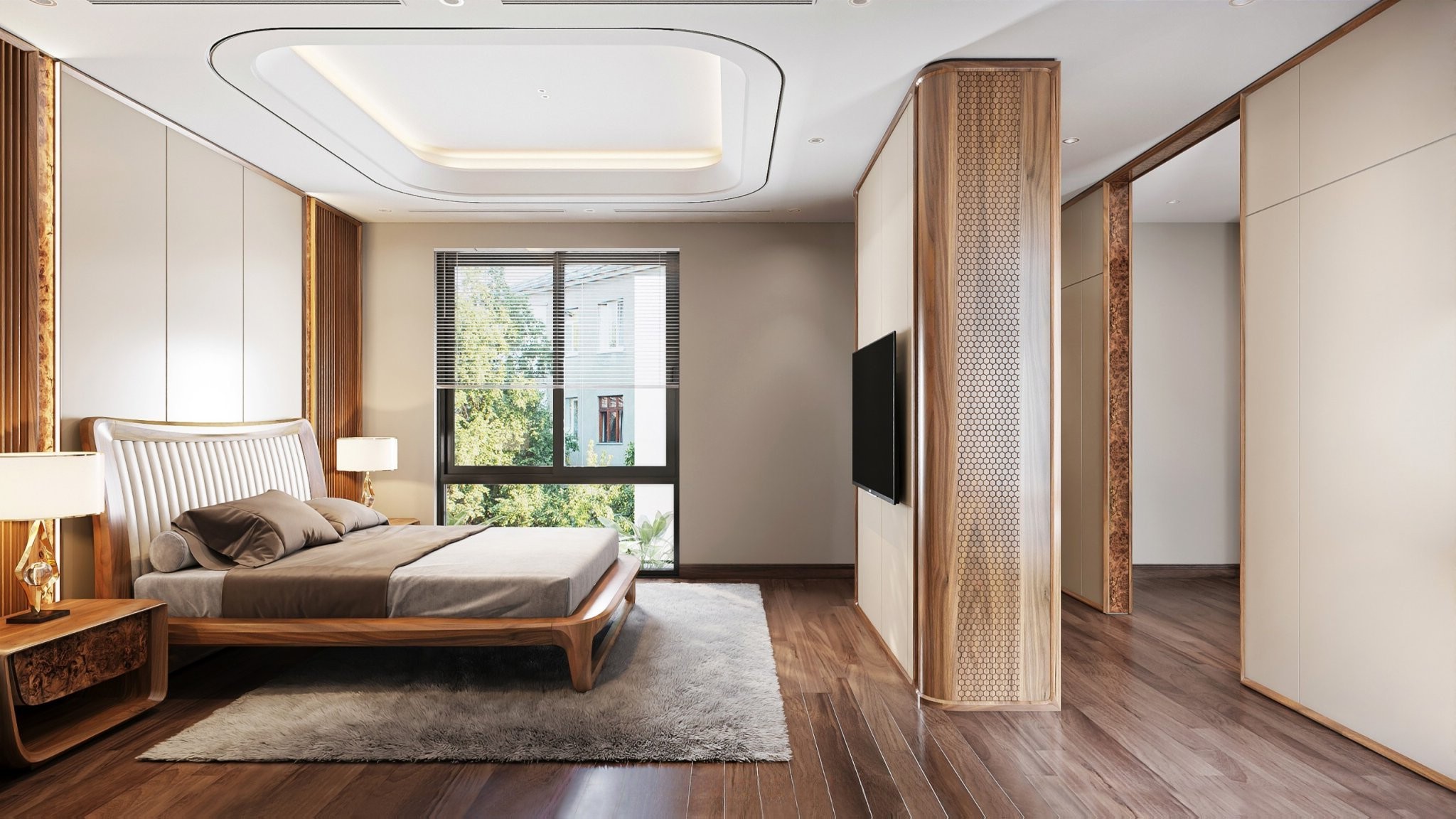 thiết kế phòng ngủ biệt thự gỗ óc chó