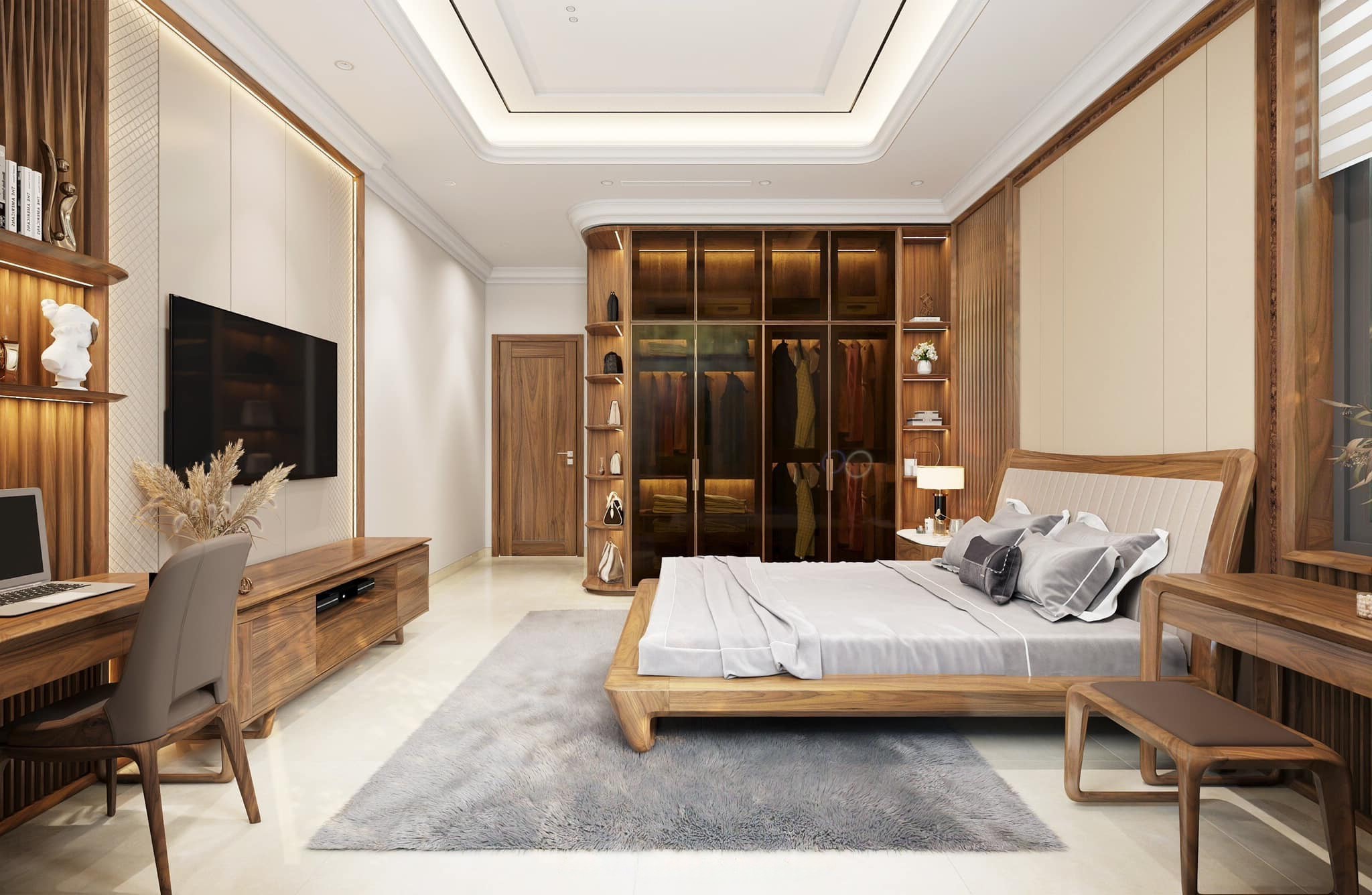 thiết kế phòng ngủ cho bố mẹ gỗ óc chó