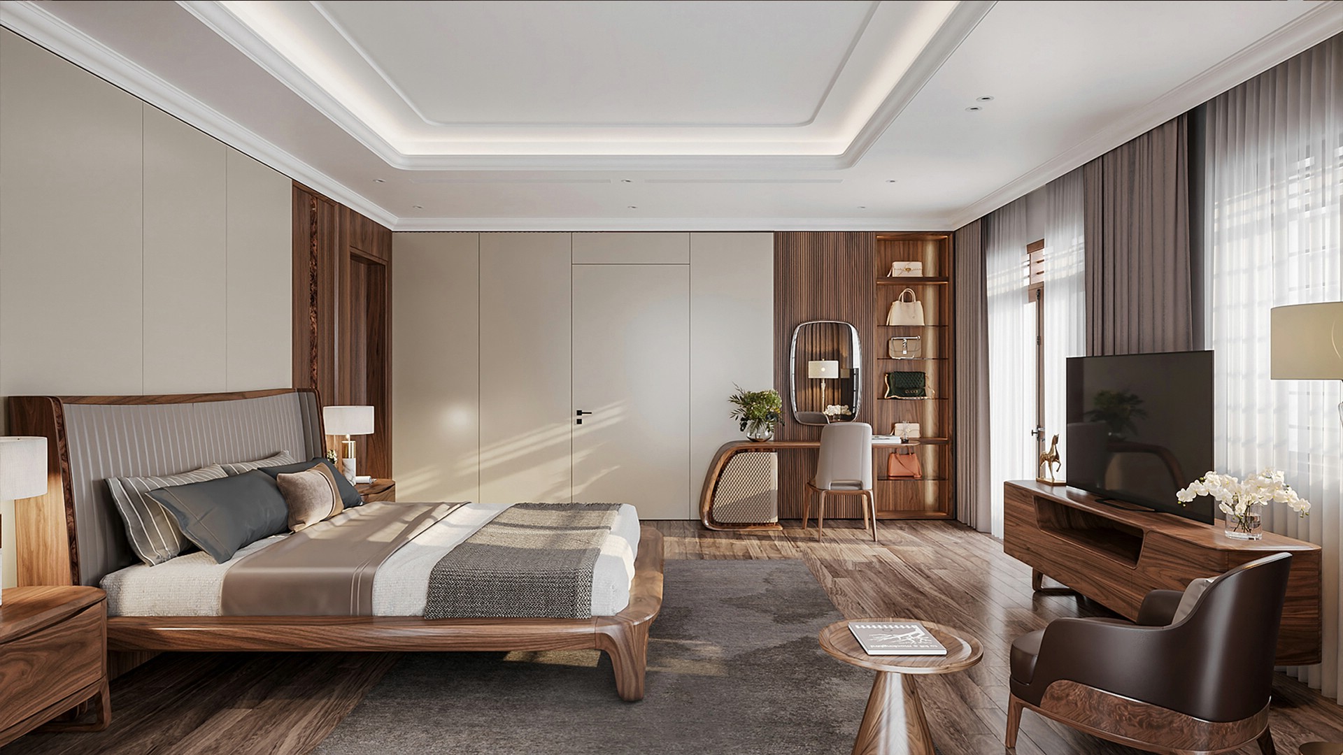 thiết kế phòng ngủ cho nữ sang trọng gỗ óc chó